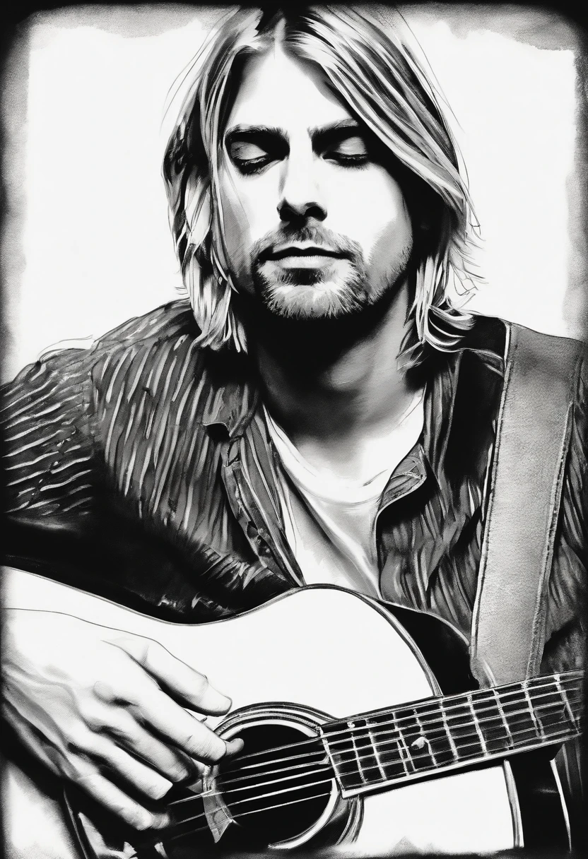 Charcoal sketch on waste paper, Kurt Cobain drawing, Dynamic poses, Clean line art,+Expressive lines, Painting in expressive sketch style, Shading, Black and white sketch, hand painting, Charcoal sketch on scrap paper, Kurt Cobain drawing, Dynamic poses,Clean line art,+Expressive lines,Painting in expressive sketch style, Shading, Black and white sketch, hand drawn, sketch, Linear style::Sketch note style sketch, Linear style::Sketch note style, a black and white photo of a man playing a guitar, kurt cobain, inspired by Kurt Cobain, nirvana, (guitar), unreleased, christian, rip, inspired by Kurt Cobain, masterpiece!!!, kurt cobain Portrait Hand Drawn Drawing, Vector Illustration Caricature, cartoon