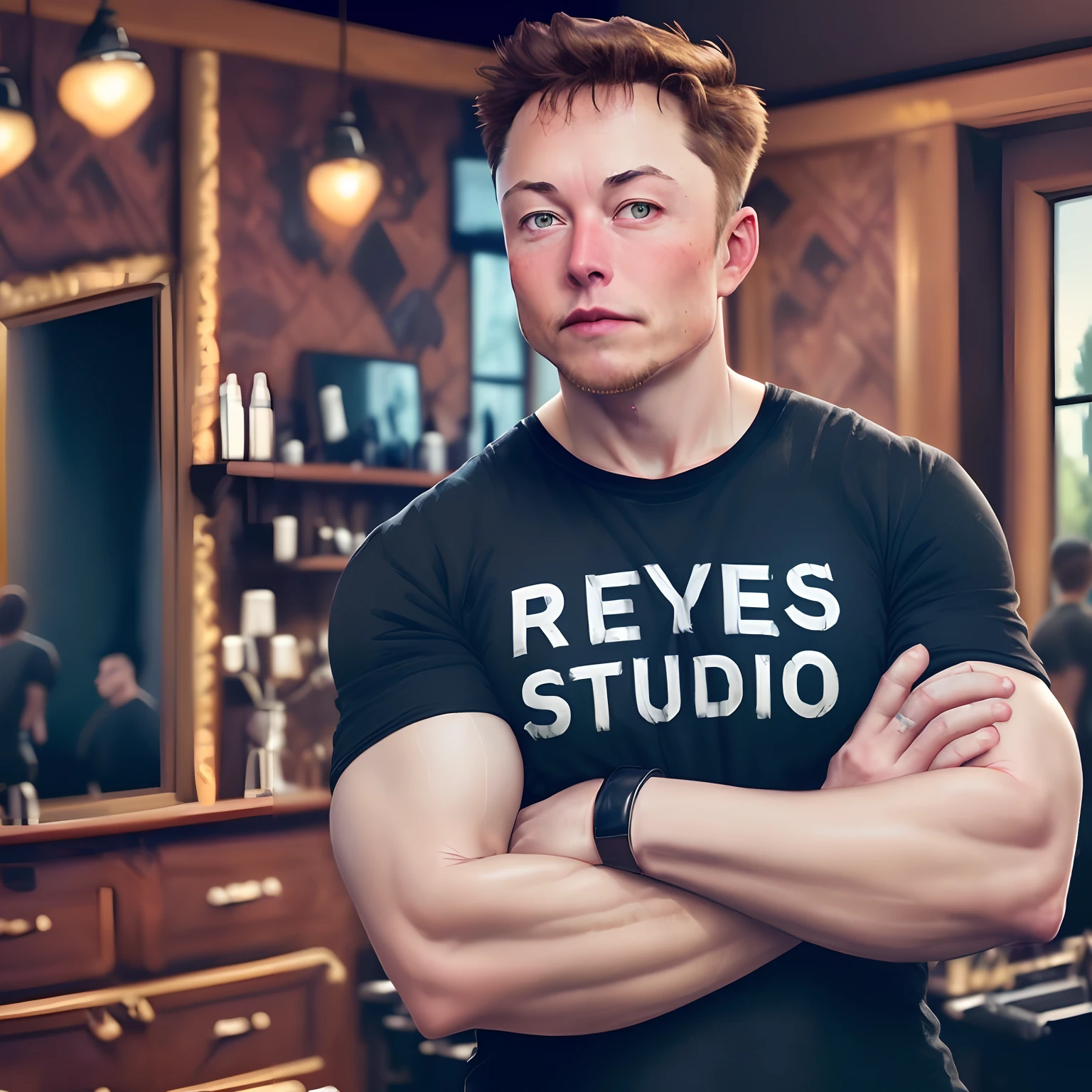 Generate a digital image of Elon Musk in a confident pose, with his arms crossed, wearing a black T-shirt with the inscription ‘REYES STUDIO’ on the chest. The background of the scene should represent an authentic classic barber shop, with characteristic elements such as a vintage barber’s chair, antique mirrors, and traditional decor details