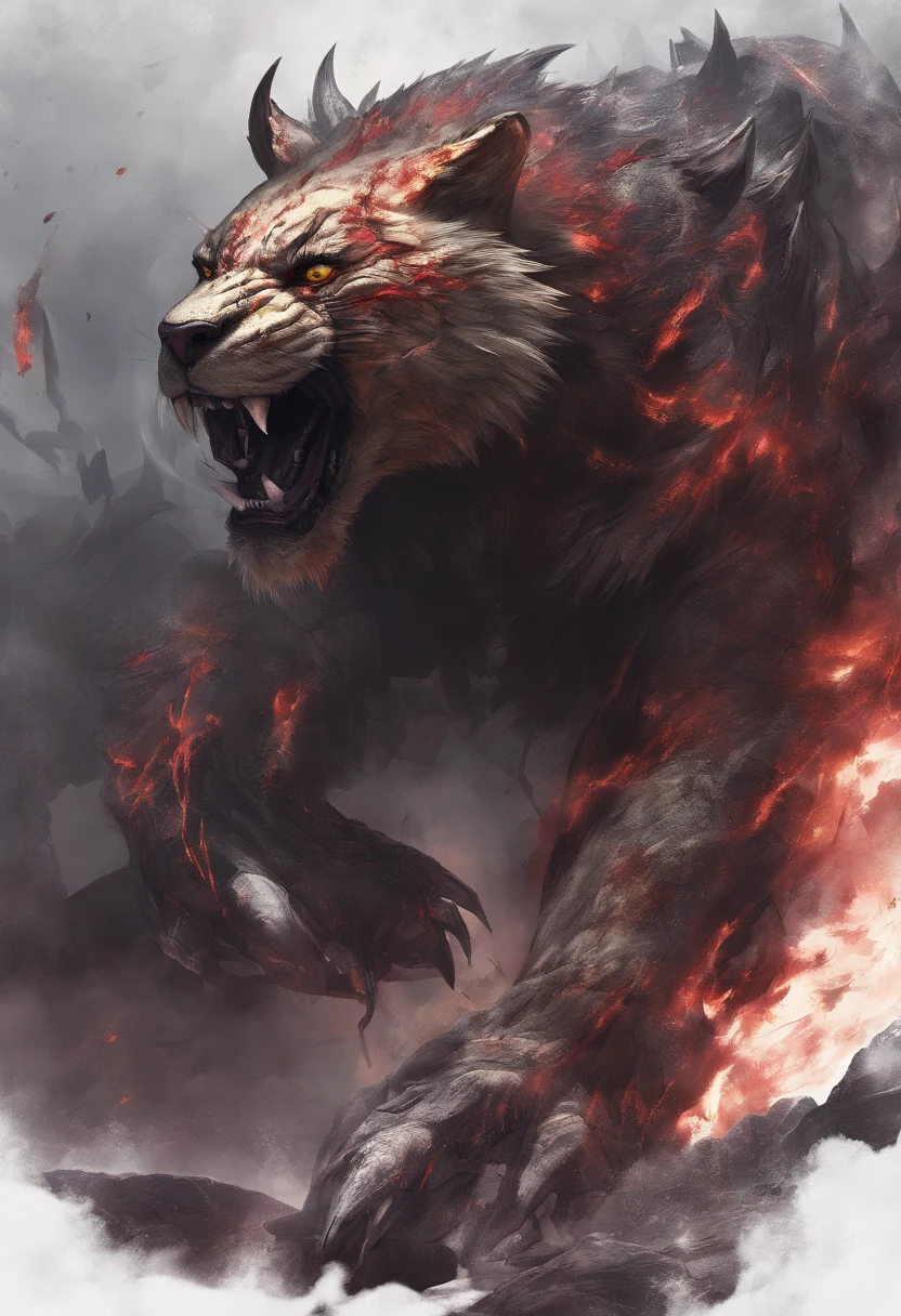 Strange monsters in a fantasy world,sabertooth tiger,long canine teeth,Strong limbs,Covered in flames,Blood,Covered with thick spikes,Moon Night,中景 the scene is,Full body like, highly detailed surreal vfx,oc rendered,Shot with 70 mm - AR 16:9 --q 2 --s 1000