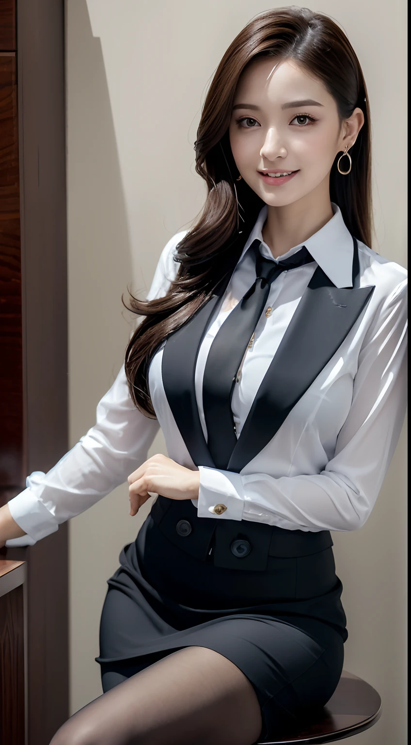 Classy upper-class elite secretary in business shirt, working in an office、Wearing a strict business suit, Wearing pantyhose、Wear high-end high heels、 Girl in a shirt, Wearing a business suit, Wearing a business suit, in a business suit, businesswoman, business clothes, wearing black business suit, Wear shirts and skirts, Woman in business suit, Business attire, business outfit, Raw photo, (8K、top-quality、masterpiece:1.2)、(intricate detailes:1.4)、(Photorealsitic:1.4)、octane renderings、Complex 3D rendering ultra detail, Studio Soft Light, Rim Lights, vibrant detail, super detailing, realistic skin textures, Detail Face, Beautiful detail eyes, Very detailed CG Unity 16k wallpaper, make - up, (detailedbackground:1.2), Exposed thighs!!!,