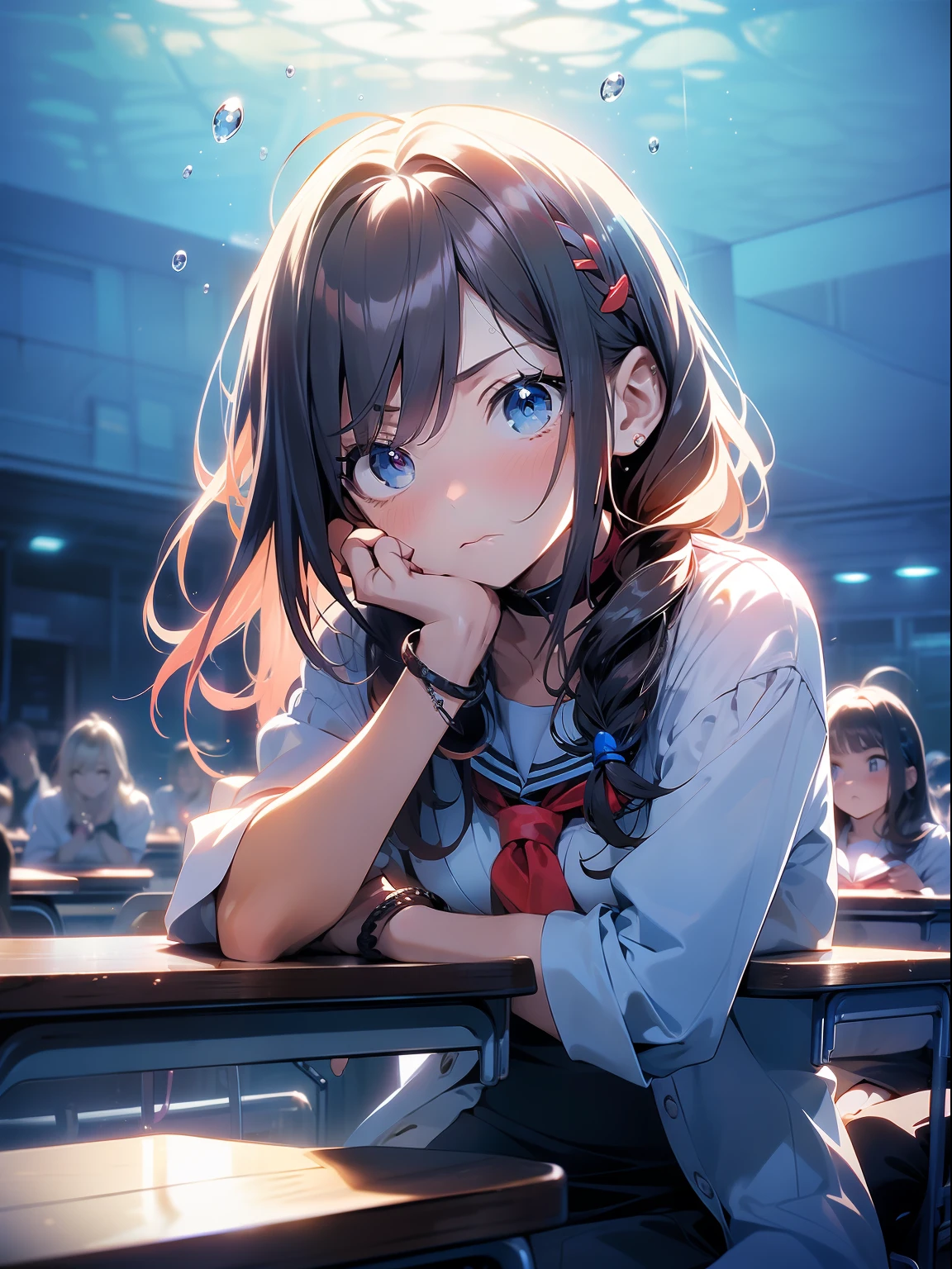 1个Giant Breast Girl,A high resolution,looking at viewert,Ambient lighting,Open-mouthed,Watery eyes,(CRIT),(brunette color hair),long whitr hair,Bracelet,Hair rings,ear studs,(Put your hand to your mouth),(Classroom),(((Backlight))),((partial underwater shot)),((first person perspective)),(scowling),((Be red in the face)),(Light frown),(Raise your eyebrows)