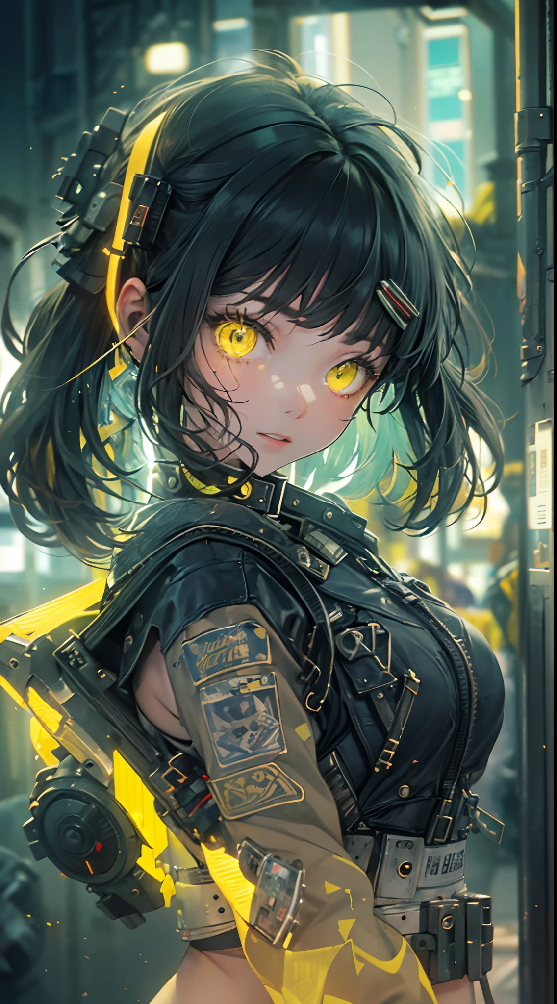 (1girl in)、(Plump beauty)、(Black hair)、(30-years old)、(Top image quality)、(8K picture quality)、(cyberpunked)、(masutepiece)、 (Flickering of light)、(Wear a cyberpunk military uniform)、cinematric light, Cinema Shadow, Sharp Image, Extremely detailed, Volumetric, Bright sprites, particles effect, beautiful effects, Vivid colors, neons, Neon light, Highly detailed image textures, detailed hairs, Detailed eyes, city、Dark hair、Eyes glow、(Yellow aura emanating from clothes:1.5)、Photo from the knee up、