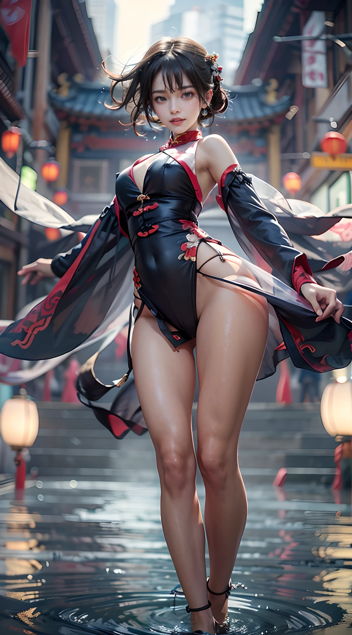 (The to the FW), 1womanl, Solo, 24 year old, 7headed body, (cute face), (Ideal ratio body proportions), long , Magic Effects, Fantasia, ((Kungfu)), ((mini chinese dress)), panties focus, Sexy body, heavy wind, The costume is sheer, Wet, Smiling smile, short-hair, Dark hair, small tits, A slender, Small buttocks, beauty legs, Skinny Legs, surrealism, Cinematic lighting, depth of fields, One-person viewpoint, F/1.8, 135 mm, nffsw, masutepiece, ccurate, ((Anatomically correct)), Textured skin, Super Detail, high details, High quality, awardwinning, Best Quality, hight resolution, 8K