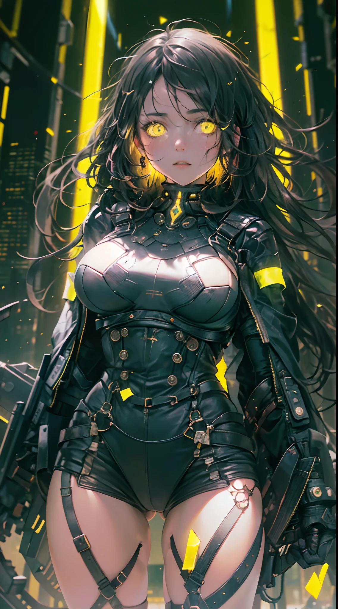 (1girl in)、(Plump beauty)、(Black hair)、(30-years old)、(Top image quality)、(8K picture quality)、(cyberpunked)、(masutepiece)、 (Flickering of light)、(Wear a cyberpunk military uniform)、cinematric light, Cinema Shadow, Sharp Image, Extremely detailed, Volumetric, Bright sprites, particles effect, beautiful effects, Vivid colors, neons, Neon light, Highly detailed image textures, detailed hairs, Detailed eyes, city、Dark hair、Eyes glow、(Yellow aura emanating from clothes:1.5)、Photo from the knee up、
