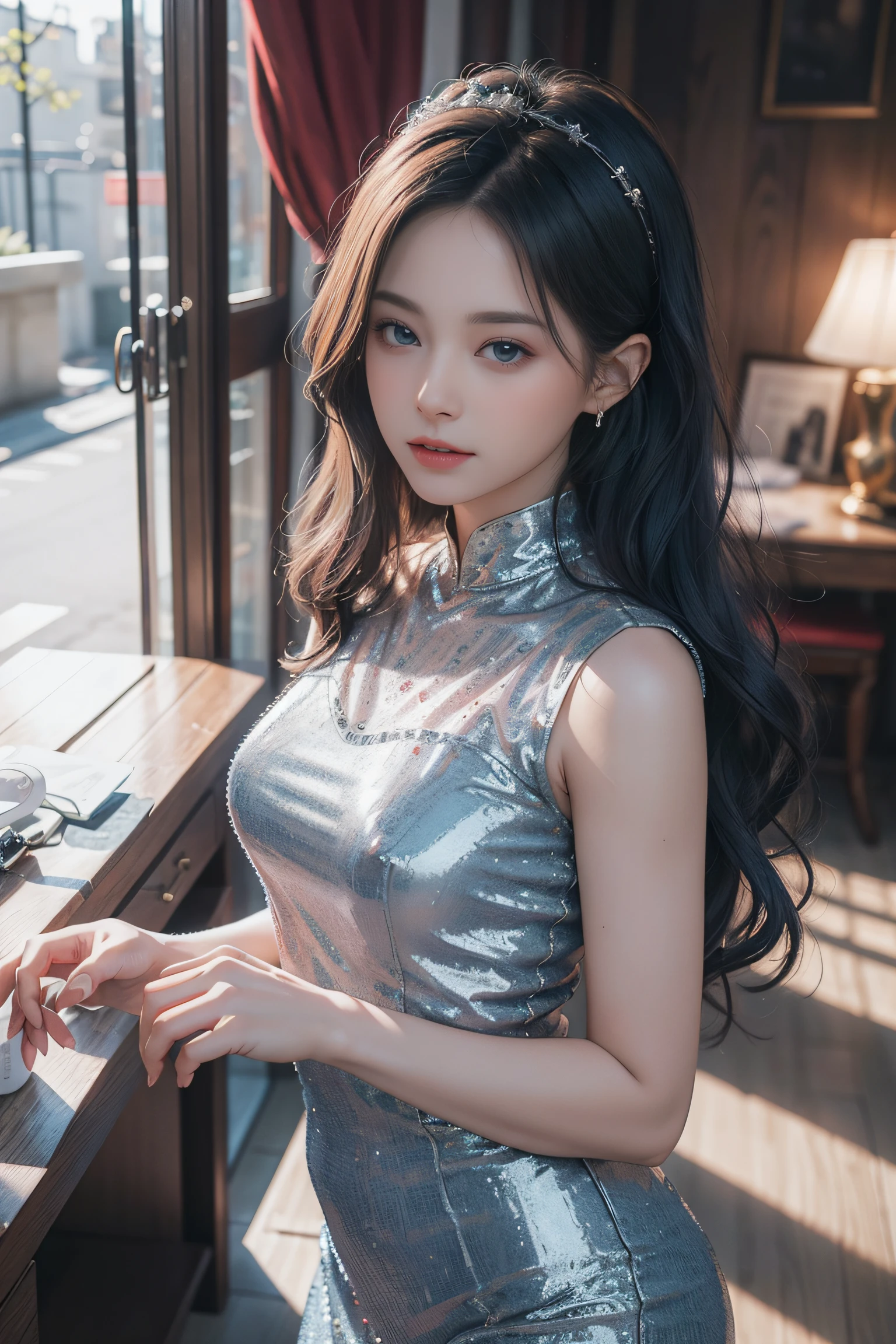 8K ultra hd, Masterpiece, beautiful cute girl, cute face, detailed eyes, medium breathe, silver dress, fantacy dress, dim light, cool background, attractive pose, whole body capture,