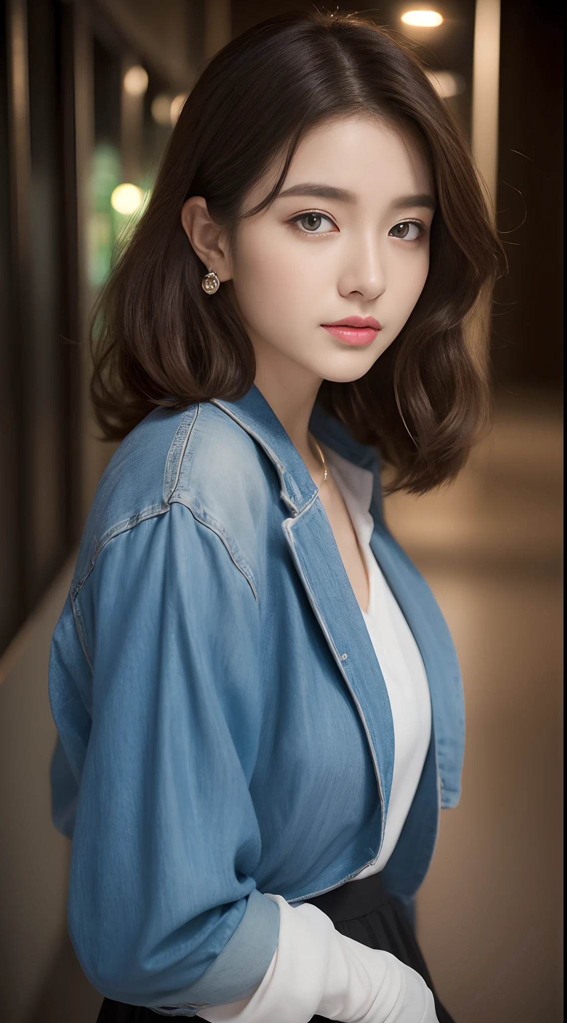(((32K,very high res, high detailing, highly accurate,Masterpiece Girl 1))),Raw photo & realistic atmosphere,beautiful dark blue eyes,Detailed mouth,Glossy lips,Detailed eyebrows,Soft white skin that shines with every detail,,Eyes drawn in detail、Very beautiful eyes with azure eyes,Detailed lips、Very beautiful face,Very well-formed face、Lifelike face,shiny beautiful lips,Beautiful eyebrows,Infinite reality,Best design,(Insanely cute sober Japan 17-year-old high school girl,Toned body,thighs thighs thighs thighs,Slender legs,Beautifully shaped breasts,Very cute beautiful girl,Little Girl:1.5),Best Natural Makeup,Japanese ido,Korean Idols,Young sensual idol,Moist eyes,Dark beautiful eyes,Beautiful butt,beauty legs,,camel's foot,:1.3),超A high resolution、,Natural and realistic face,Back lighting,Pure eyes are too cute,(((photorealisim,Photograph the whole body))),,Reality Live Action,(Earrings that look fashionable,,a necklace,A bracelet,gyuru,Glossy nail art,Clothes like a girl,,Girlish clothes,,Dress up elegantly and cutely,Tailored jacket,Ruffled Inner Blouse Beautiful Draped Skirt,Beautiful fashionable girl with little exposure,Light brown hair、Curly hair、short-hair,独奏,Lori,chew a little,full body Esbian:1.7),Night in Shibuya(Turned:1.5)