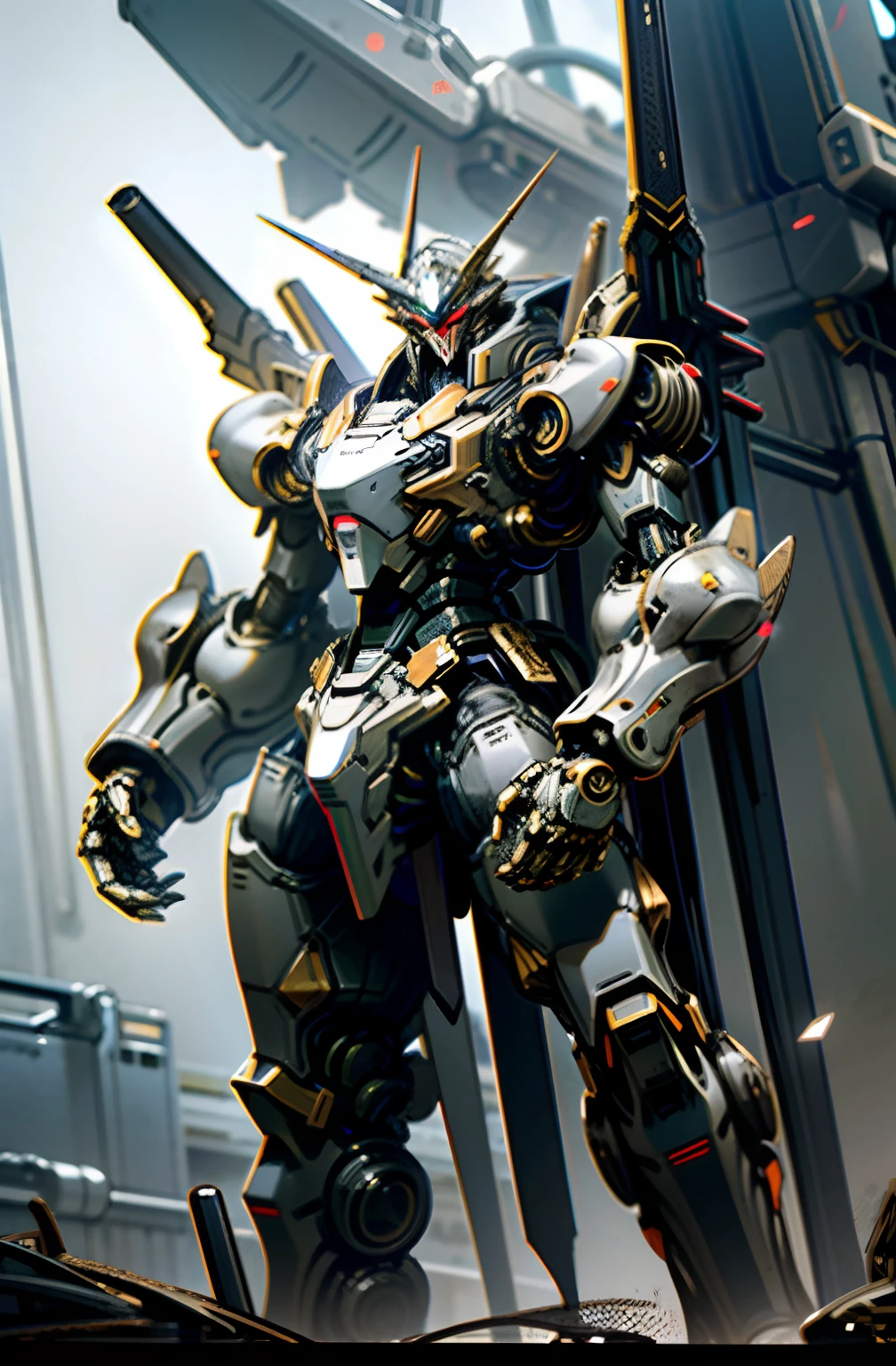 Dark_Fantasy, armored core 6,1Mechanical marvel,Robotic presence,Cybernetic guardian, giant mechanical armour, heavy mechanical iron gauntlet, plasma spear weapons , absolutely stunning art,white and gold coating, highest quality art, highest resolution, hyper detailed,black and red, futuristic, gundam robot, atmospheric,8k,64k, HD, unparalleled masterpiece, dynamic lighting, cinematic, epic