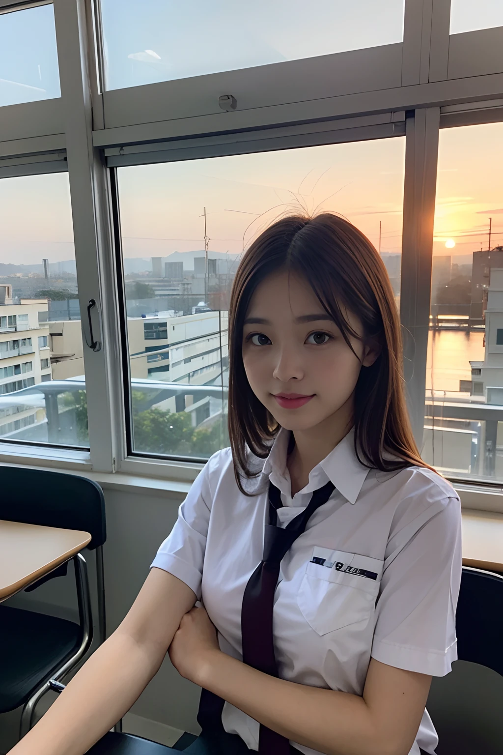 1girl em、Japoneses、 (sozinho)、(tiro de peito para cima)、Estudante de 18 anos、(Sitting in a school chair by the window)、She's looking at it、Sunset hits、(Menina super bonita:1.5)、(Um rosto detalhado)、pele texturizada、Rosto adulto、pernas nuas、brown hair、(Uniforme escolar)、、Sala Crass、Carteiras e Cadeiras Escolares、The windows are full of residential areas and sunsets.