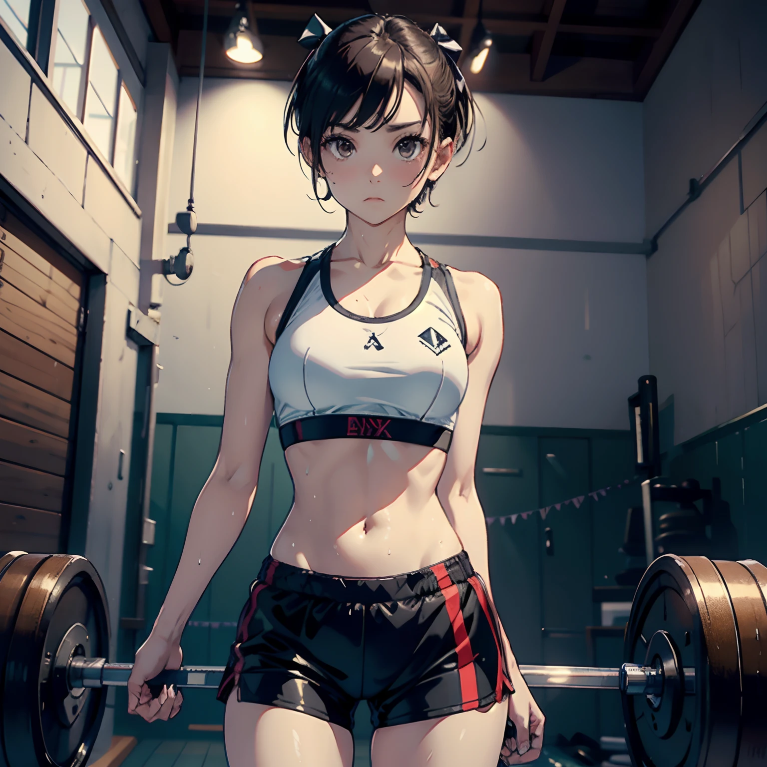 masterpiece, 4K, of the highest quality, bow ribbon, Sports Bra, Latex Shorts, is standing, arms folded,、cool expression Beautiful gym, Brown-eyed, Short_hair, Small_Breast, looking at the viewers 、Heavy sweat、1人