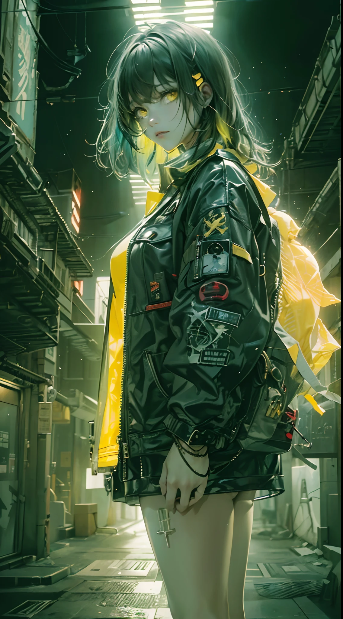 (1girl in)、(Plump beauty)、(Black hair)、(30-years old)、(Top image quality)、(8K picture quality)、(cyberpunked)、(masutepiece)、 (Flickering of light)、(Wear a cyberpunk military uniform)、cinematric light, Cinema Shadow, Sharp Image, Extremely detailed, Volumetric, Bright sprites, particles effect, beautiful effects, Vivid colors, neons, Neon light, Highly detailed image textures, detailed hairs, Detailed eyes, city、Dark hair、Eyes glow、(Yellow aura emanating from clothes:1.5)、Photo from the knee up、
