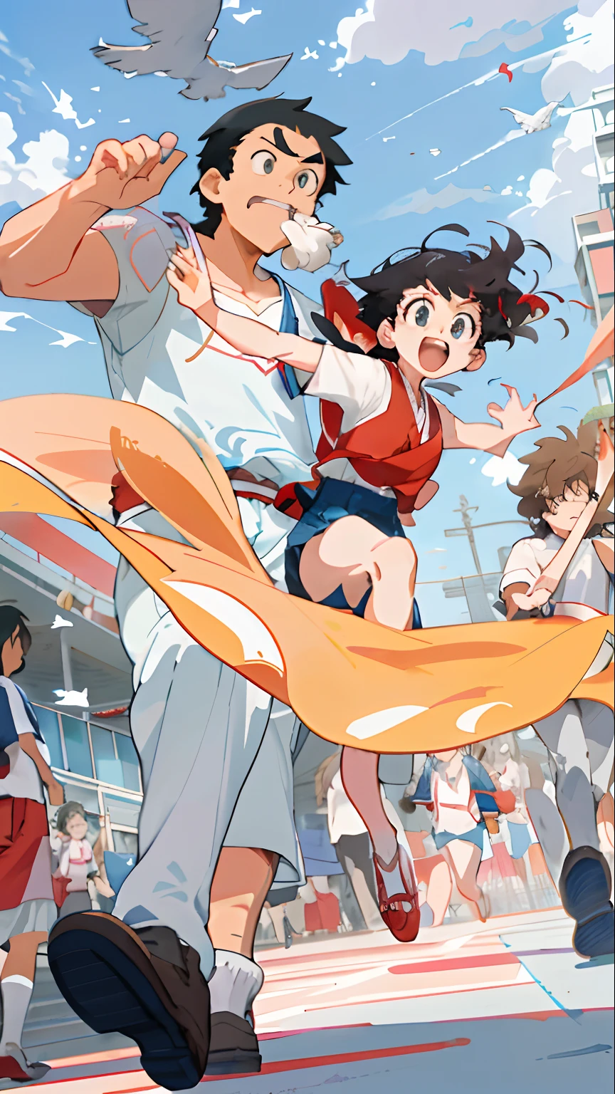 mamoru hosoda, Blue sky flying birds,The background is the school building,In the foreground is anime characters running on a red track,The crowd of students in the back chases the anime characters in front,Under the sun,Contre-Jour,Big perspective,An anime cover, offcial art, Japanese animation style, your name movie style,