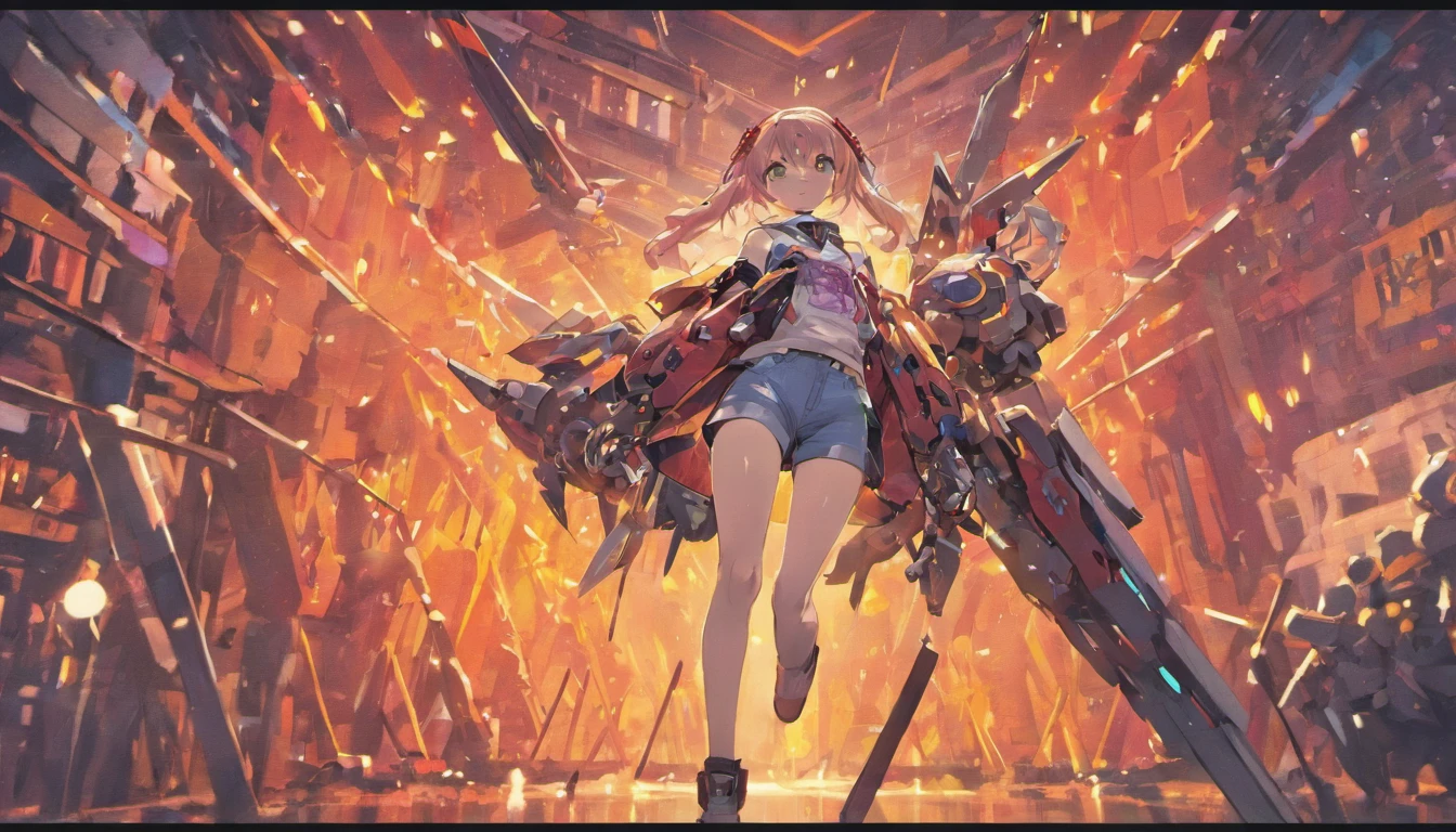 Anime girl standing next to giant robot in shorts and jacket, Guviz-style artwork, cyberpunk anime girl mech, trending on cgstation, Guviz, by Russell Dongjun Lu, Digital cyberpunk anime art, Ross Tran 8 K, Guweiz on ArtStation Pixiv, girl in mecha cyber armor