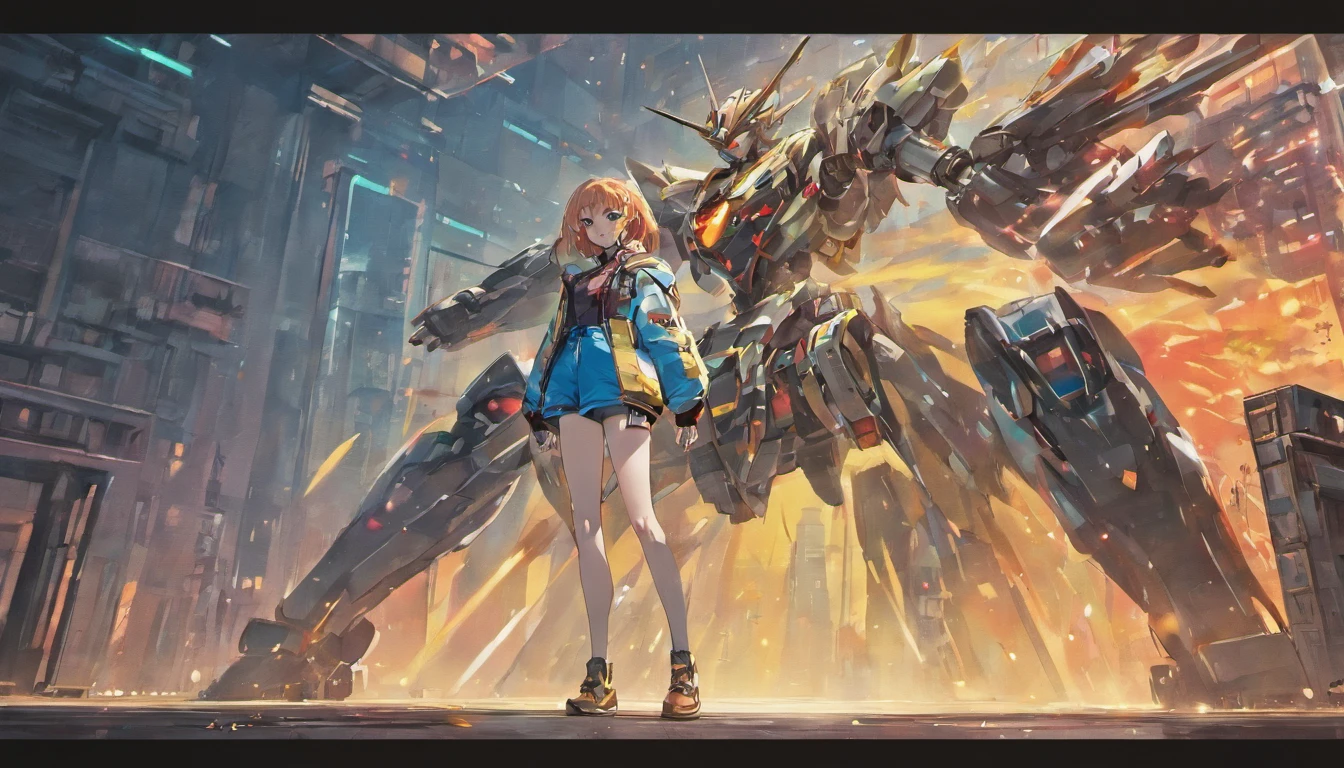 Anime girl standing next to giant robot in shorts and jacket, Guviz-style artwork, cyberpunk anime girl mech, trending on cgstation, Guviz, by Russell Dongjun Lu, Digital cyberpunk anime art, Ross Tran 8 K, Guweiz on ArtStation Pixiv, girl in mecha cyber armor