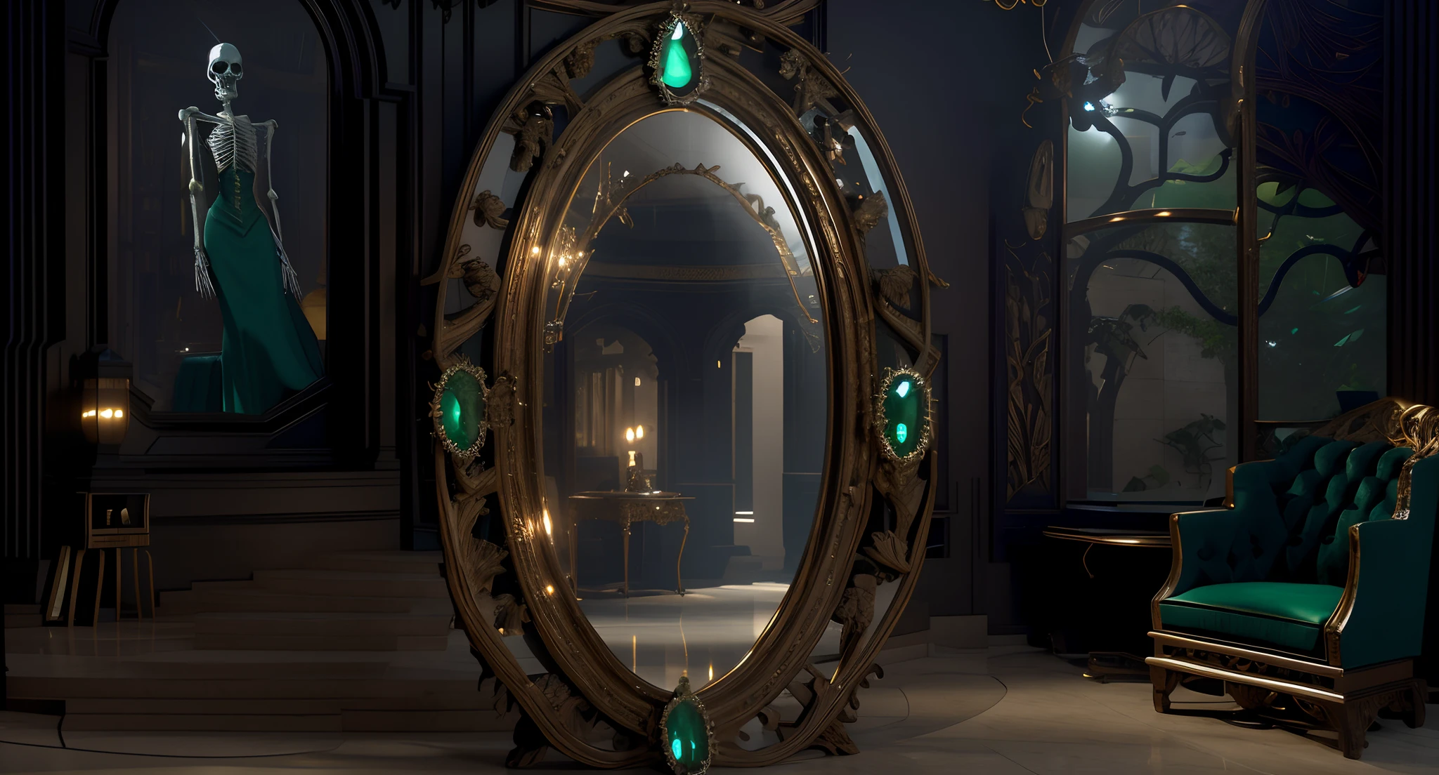 There is an oval mirror with four beautiful emeralds in the center of a sumptuous Gothic room with a beautiful jade-colored chair under an imposing cinematic hexagonal window (The window juts out into the Gothic room), janela com vista para uma floresta assustadora (Tetric Forest filled with tree branches, estilo filme de terror). There is in the other upper corner of the room the painting of an ultra-realistic human skeleton wearing a voal jade dress. Art nouveau octane render ultra realista, Motor irreal, retro film still, Cinematic specular lighting, NVIDIA RTX Reflections, Mecanismo de captura de malha irreal, Unreal Engine Arte 5 com detalhes intrincados em vidro. alta qualidade. Breathtaking Unreal Engine 4 rendering, master part, 8k.