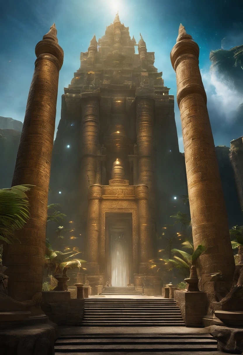 Envision the legendary city of Atlantis, not just as a city, but as a grand fortress of epic proportions. Rising from the depths of the ocean, its towering spires shimmer with a luminescence unique to its ancient and advanced civilization. The walls, made of a mysterious material, glisten under the ocean's surface, reflecting the dance of marine life. Majestic gates guard the entrance, adorned with intricate carvings that tell tales of Atlantean heroes and their feats. Surrounding the fortress are protective barriers, perhaps of energy or water, that fend off any threats. Inside, vast courtyards with cascading waterfalls and lush gardens thrive, a testament to the city's harmony with nature. Capture the awe, the mystery, and the grandeur of this lost civilization's most formidable stronghold