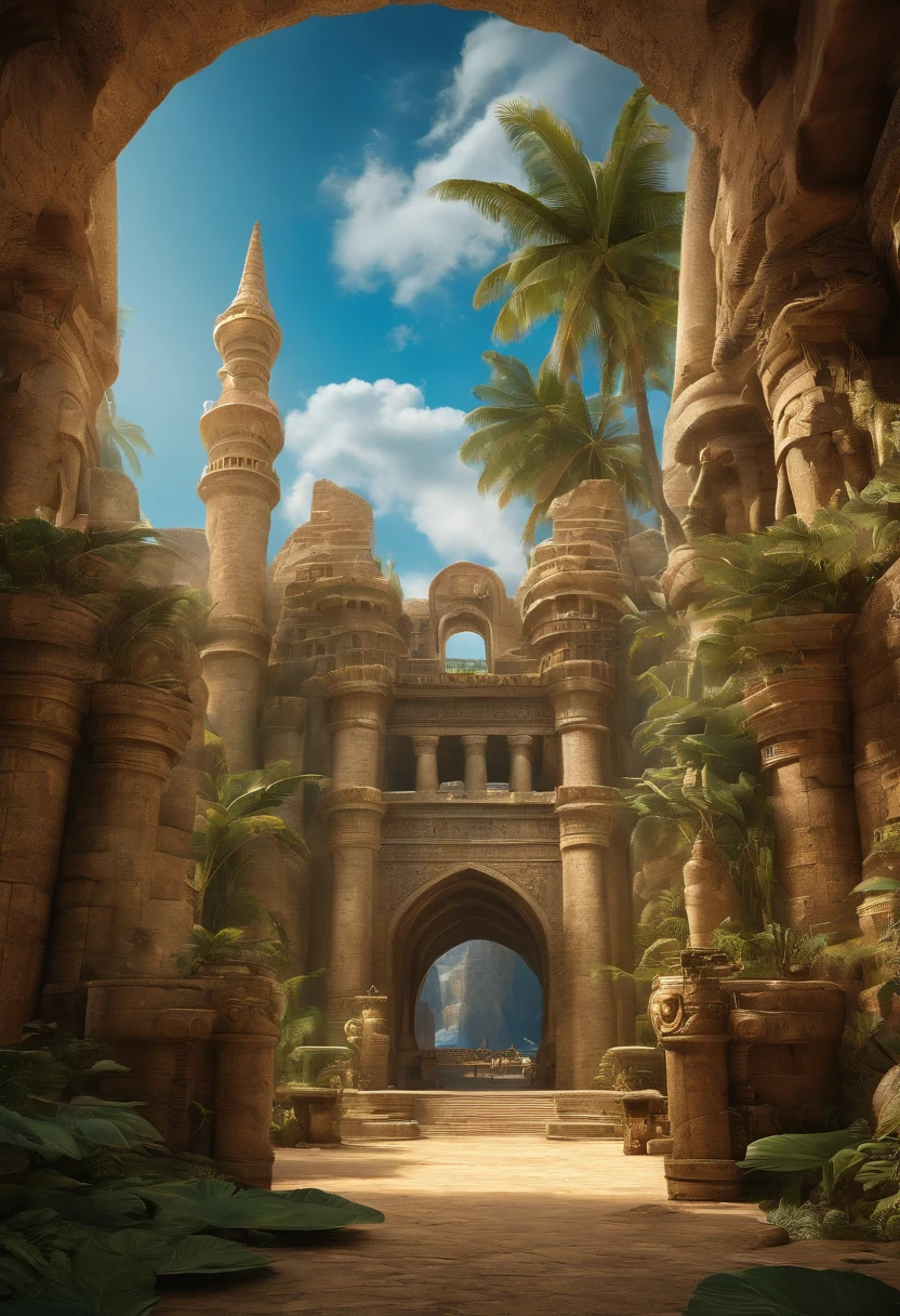 Envision the legendary city of Atlantis, not just as a city, but as a grand fortress of epic proportions. Rising from the depths of the ocean, its towering spires shimmer with a luminescence unique to its ancient and advanced civilization. The walls, made of a mysterious material, glisten under the ocean's surface, reflecting the dance of marine life. Majestic gates guard the entrance, adorned with intricate carvings that tell tales of Atlantean heroes and their feats. Surrounding the fortress are protective barriers, perhaps of energy or water, that fend off any threats. Inside, vast courtyards with cascading waterfalls and lush gardens thrive, a testament to the city's harmony with nature. Capture the awe, the mystery, and the grandeur of this lost civilization's most formidable stronghold