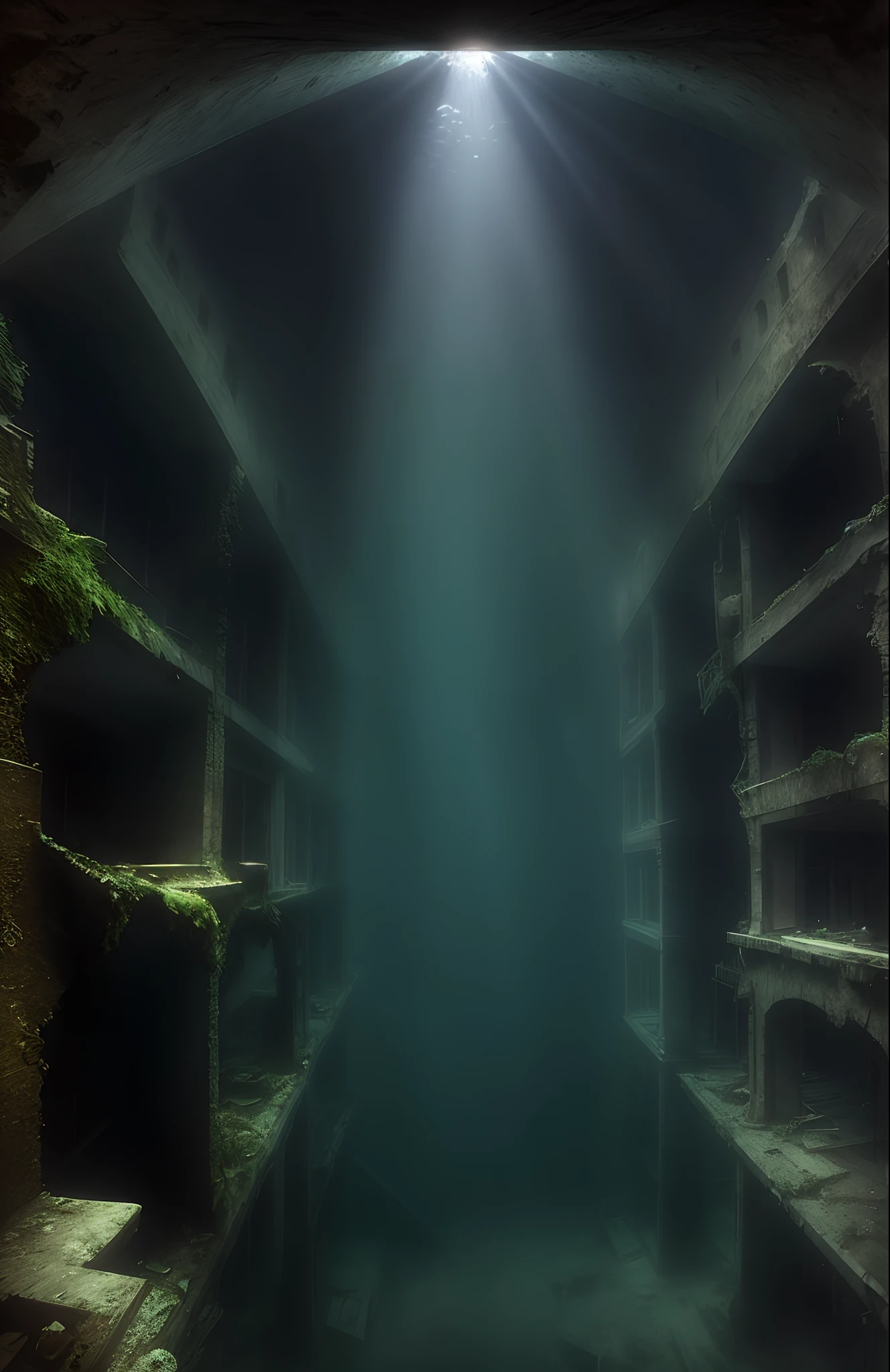 underwater, abandoned city, sunlight, beams, underwater volcano, shark, fish, titanic