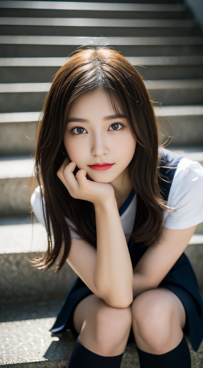 (((32ｋ,high detal,high-detail、​masterpiece,Attention to detail,full body Esbian,独奏))),Raw photo & realistic atmosphere,beautiful dark blue eyes,Detailed mouth,Glossy lips,Detailed eyebrows,Eyes drawn in detail with soft white skin that shines in every detail、azure eyes,Very beautiful eyes,Detailed lips、Very beautiful face,Very well-formed face、Lifelike face,shiny beautiful lips, Realistic Young Gravure Idol, very beautiful school girl, ,Moderately beautiful, Young Sensual Gravure Idol, Young Gravure Idol, Beautiful, Cute and sexy１5 year old schoolgirl,the whole body is wet,dripped out,with a flushed face,Incredibly beautiful１5-year-old girl,short-cut,Brown shiny hair,Hair is wet,Dripping water,dripping,Crouching on the stairs with your legs open,（Black pantyhose,Beautiful fece,Looking at the camera：1.4）,（Cross your legs in black pantyhose,The chest of the uniform is open,darkness,Very dark,Pitch-black staircase without street lights,Illuminate the subject with a flashlight,spot light：1.7）,（A sexy,Slightly chubby,High Detail HDTV Japan HDTV High Definition Girl Uniform,well-shaped breasts,,Mature body, I'm anxious and about to cry,Moist eyes,cold smile,glareing,The glaring face is also beautiful：1.5）,（Open your legs randomly：1.7）