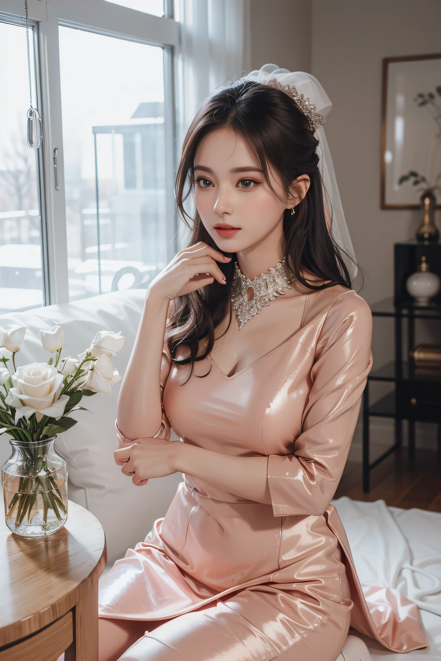 Top quality work,Photorealistic works,Ultra Premium Graphics,8K HD CG works,High-quality graphics,High-definition fine CG works,10x pixel,Ultra-fine details:1.1,Advanced technical details:1.1Photographically realistic,Indoor lighting effects:1.5,Natural light:1.5. light effect(Virtual Light Effects:1.8),超A high resolution,shiny dress,Long silver hair,Silver hair,Transparent hair,High Detail Hair(Premium Hair Detail:1.1)Clear eyes,Good looking double eyelids,Sharp eye makeup, Delicate makeup for eyelashes, Thin eyebrows, ultradetailed eyes,High Nose, lovely red lips, Rose cheeks, Face with delicate makeup , Pretty Face, A perfectly proportioned face,(Advanced facial details:1.1)Collection of shiny luxury dresses,Sequin Dresses,Sequin coat,shiny,Tight long skirt,Summer Sexy Hip Wrap Fishtail Sleeveless Commuter Maxi,Horse Stockings 100%Oil Gloss Panst Gloss Silk Luster 8D Black Silk Woman,stiletto heels,mitts,Beautiful long dresses,wonderful dress,Haute Couture Dresses Collection,Dress Photography,Authentic dress works,In the banquet hall,Women's Artwork,full-body view,Goddess of Dress,真实感,amazing,Today's eyes are bright