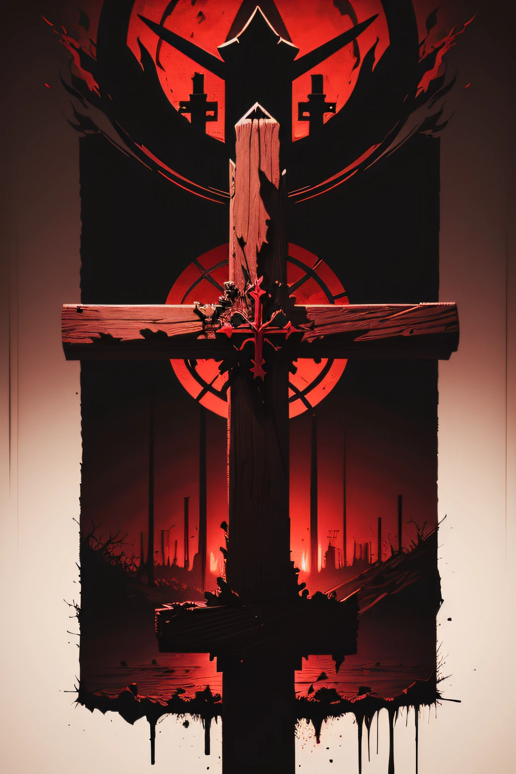 A wooden cross,blood-red,Dark Department,goth style,Illustration masterpiece,A sense of redemption