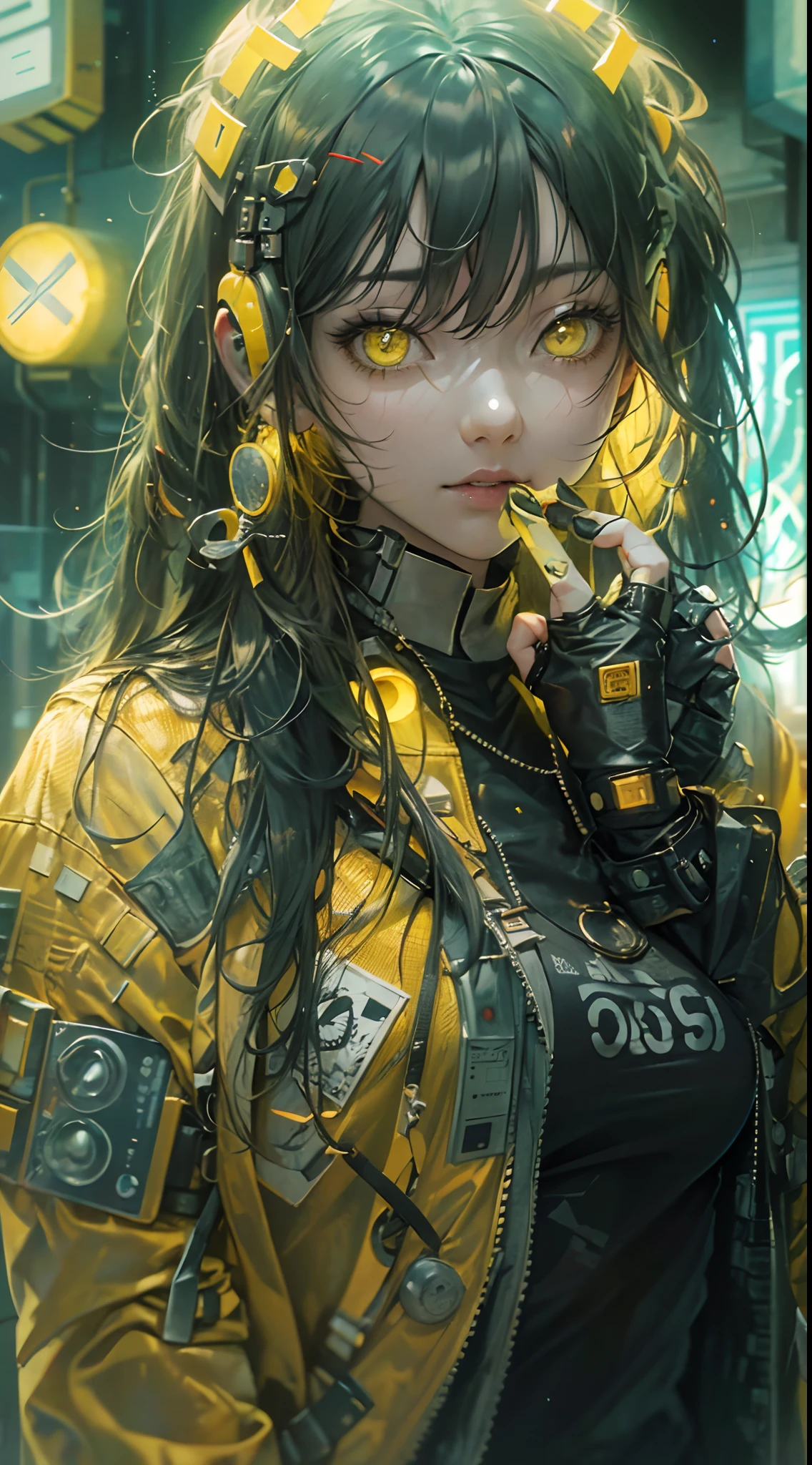 A woman with long hair wearing a yellow jacket and black gloves - SeaArt AI