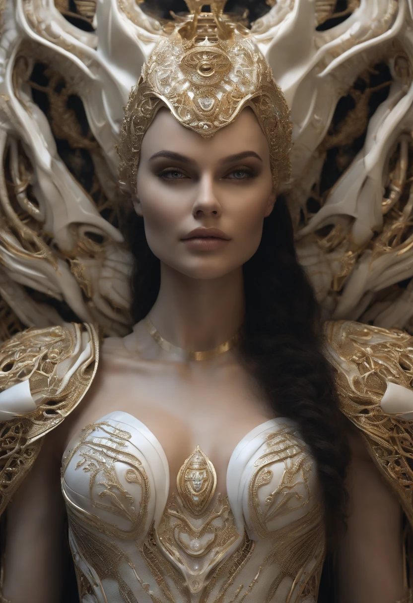Crie uma obra de arte em 3D de uma mulher celestial usando um vestido branco com (((detalhes intrincados de safiras))). A obra deve incorporar a (((best possible quality))), with an emphasis on (((detalhes extremos))) e uma (((Complex composition))). Utilize uma paleta de cores que reflita uma aura celestial, com tons suaves de azul, Ethereal white and subtle touches of gold. Make sure the composition exudes a sense of otherworldly beauty and tranquility. Inspire-se em artistas como (((H.R. Giger))), (((ZBrushCentral))) e (((Vitaly Bulgarov)))