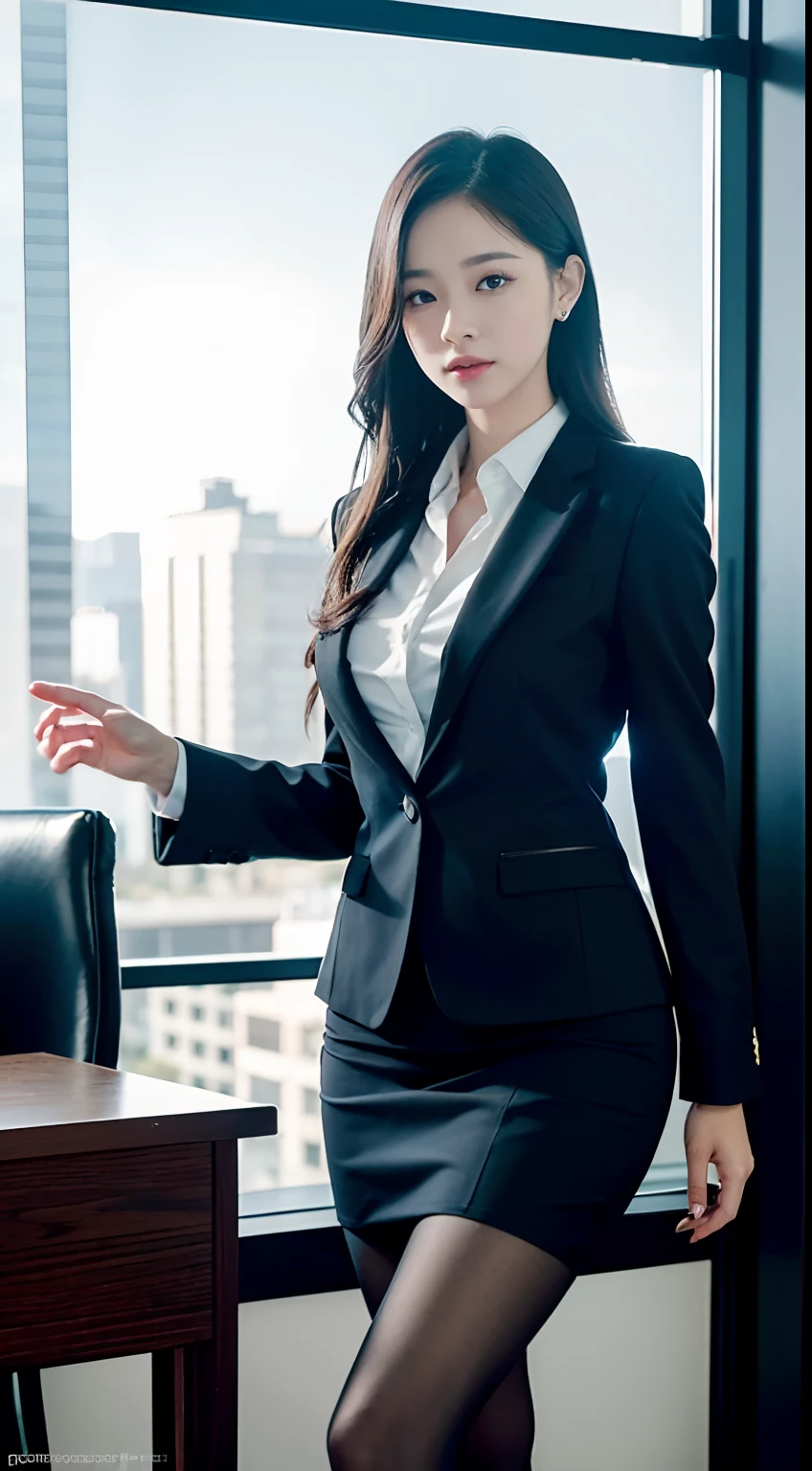 Classy upper-class elite secretary in business shirt, Working in the office、Wearing a strict business suit, Wearing pantyhose、Wear high-end high heels、 Girl in a shirt, Wearing a business suit, Wearing a business suit, in a business suit, businesswoman, business clothes, wearing black business suit, Wear a shirt and skirt, Woman in business suit, Business attire, business outfit, Raw photo, (8K、top-quality、masterpiece:1.2)、(intricate detailes:1.4)、(Photorealsitic:1.4)、octane renderings、Complex 3D rendering ultra detail, Studio Soft Light, Rim Lights, vibrant detail, super detailing, realistic skin textures, Detail Face, Beautiful detail eyes, Very detailed CG Unity 16k wallpaper, make - up, (detailedbackground:1.2), Exposed thighs!!!,