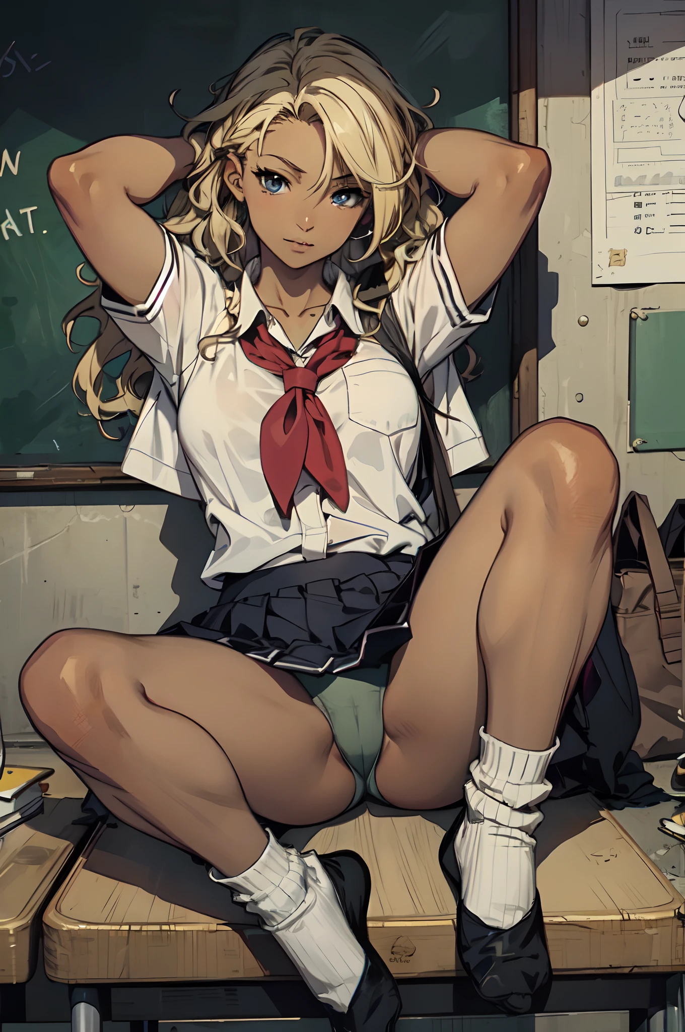 anime,(school uniform:1.2),baggy socks,(wavy hair,blonde hair),lowfers