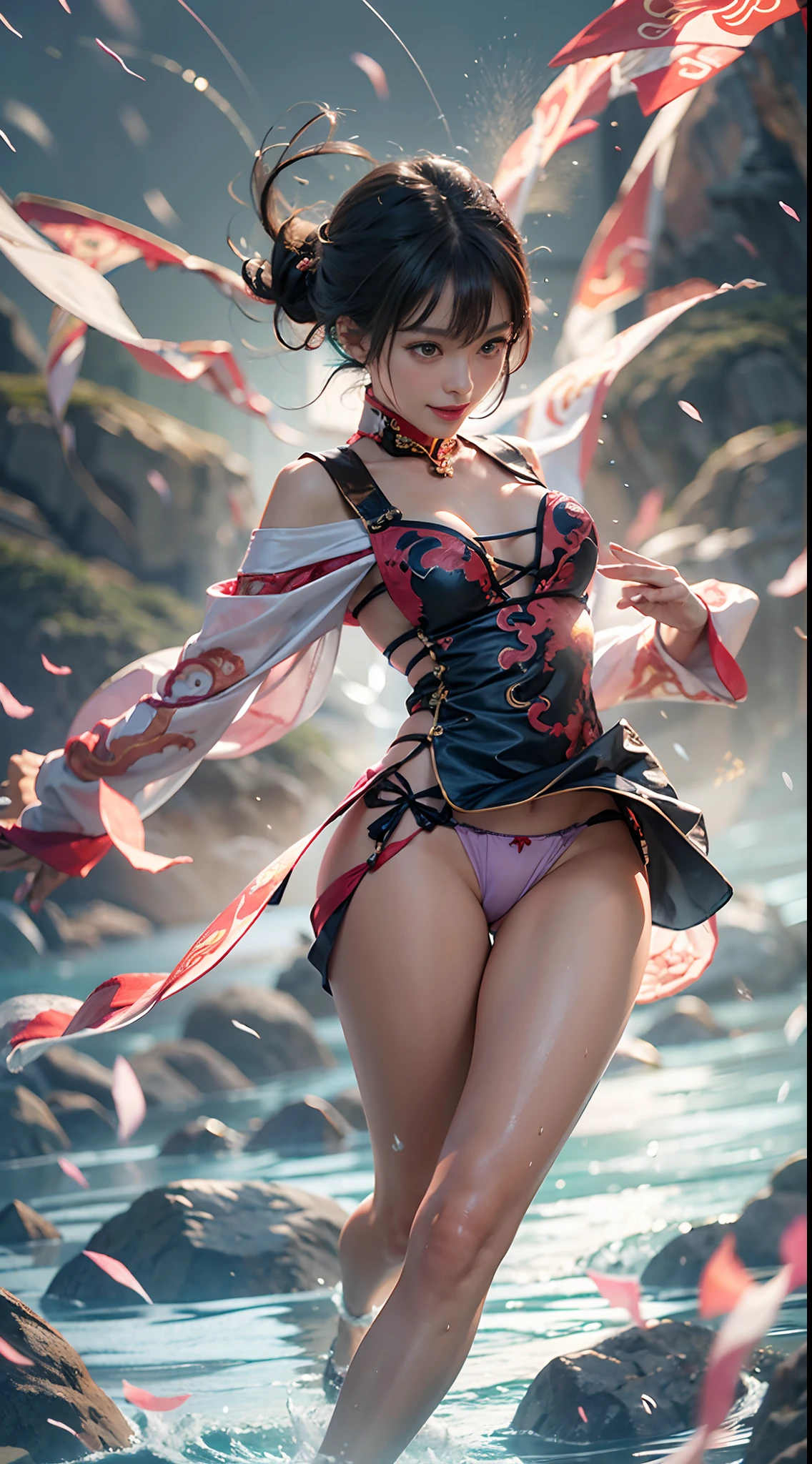 (NSFW), 1womanl, Solo, 24 year old, 7headed body, (cute  face), (Ideal ratio body proportions), long , Magic Effects, Fantasia, Toned belly, Fighting, ((Kungfu)), ((mini chinese dress)), panties focus, Sexy body, heavy wind, The costume is sheer, Wet, Smiling smile, short-hair, Dark hair, small tits, A slender, Small buttocks, beauty legs, Skinny Legs, surrealism, Cinematic lighting, depth of fields, One-person viewpoint, F/1.8, 135 mm, nffsw, masutepiece, ccurate, ((Anatomically correct)), Textured skin, Super Detail, high details, High quality, awardwinning, Best Quality, hight resolution, 8K