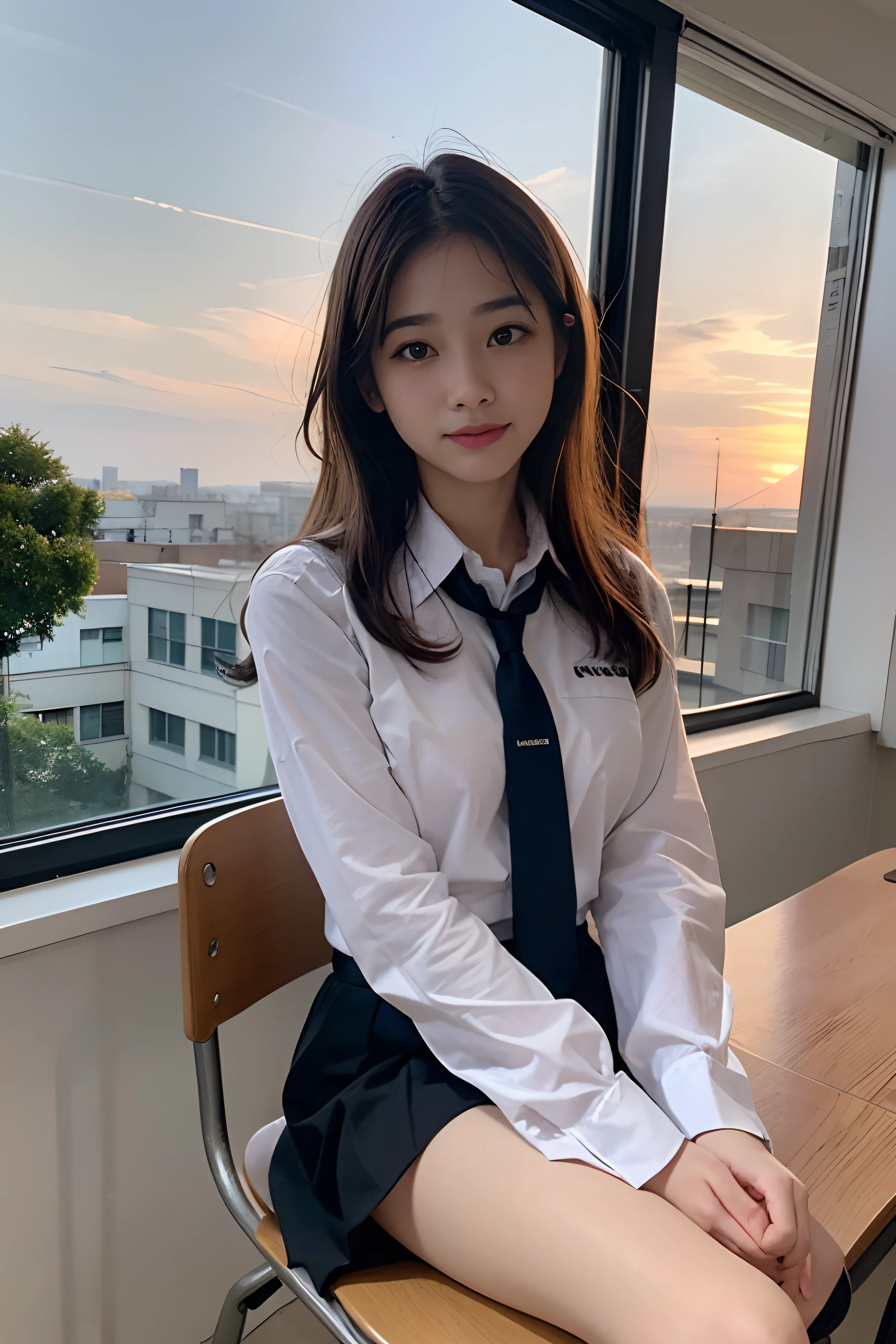Korean School Uniform、Summer Uniform Shirts、Tight-fitting shirt、Ribbon Ties、skirt by the、Schools、stairs at school、Chest lifting pose、The focus is on the chest、Thin and large、8k RAW photo、hight resolution、18-year-old Korean、looking embarrassed、very large round breasts、intricate and fine details、long eyelasher、beautiful double eyelid、eyeshadows、eye line、elongated eyes、elongated eye shape、Sanpaku eyes are beautiful and thin, legit thin thighs、Random Shorthair、Tie your hair back、耳Nipple Ring、light brown hair、(Wear pantyhose)、Grab your knees，wears glasses