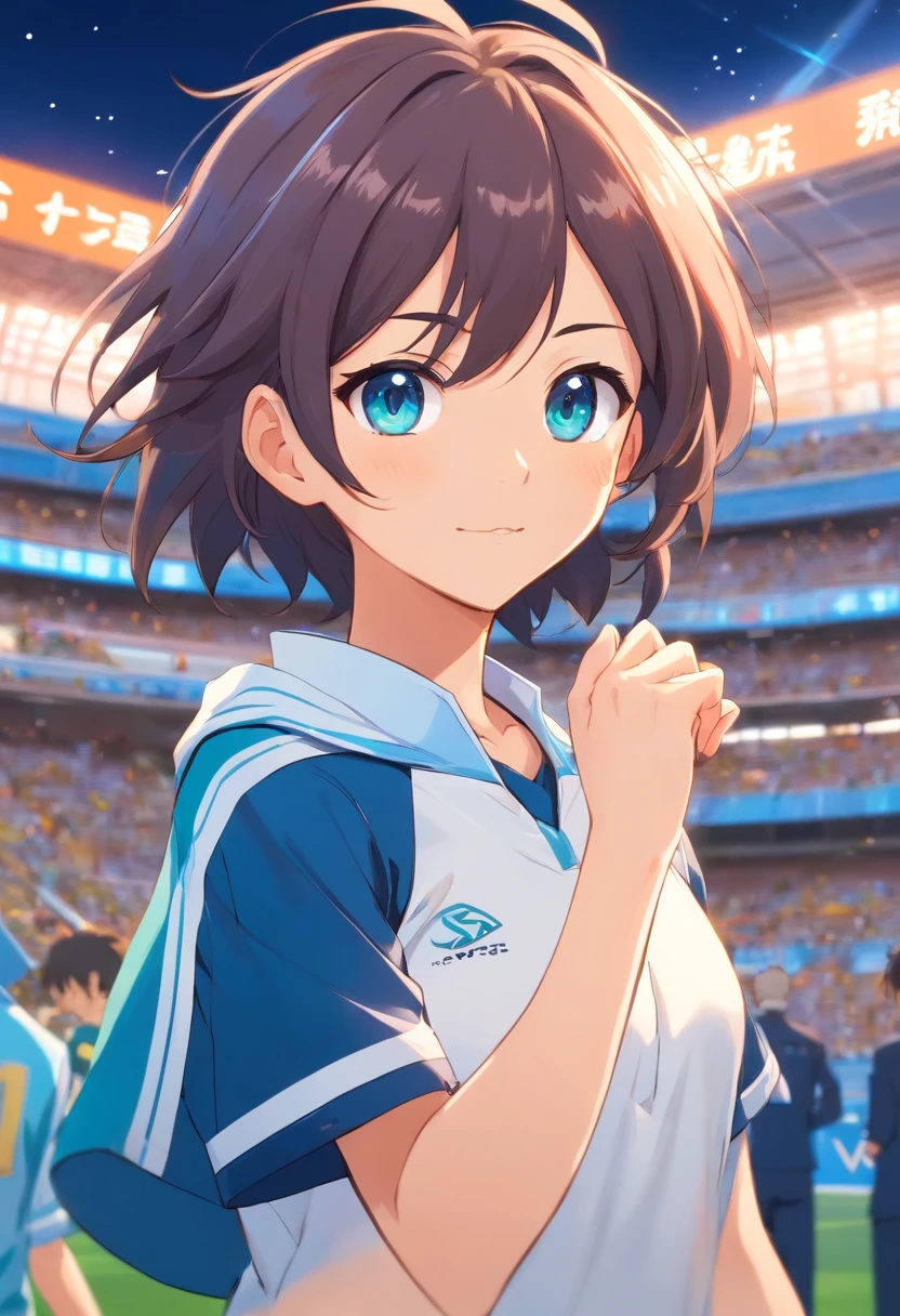 (cabelo longo branco), anime, De Inazuma Eleven,uniforme de futebol azul, Uniforme Inazuma Eleven, dedo apontado pra frente,hand on wrist,sorriso lindo,