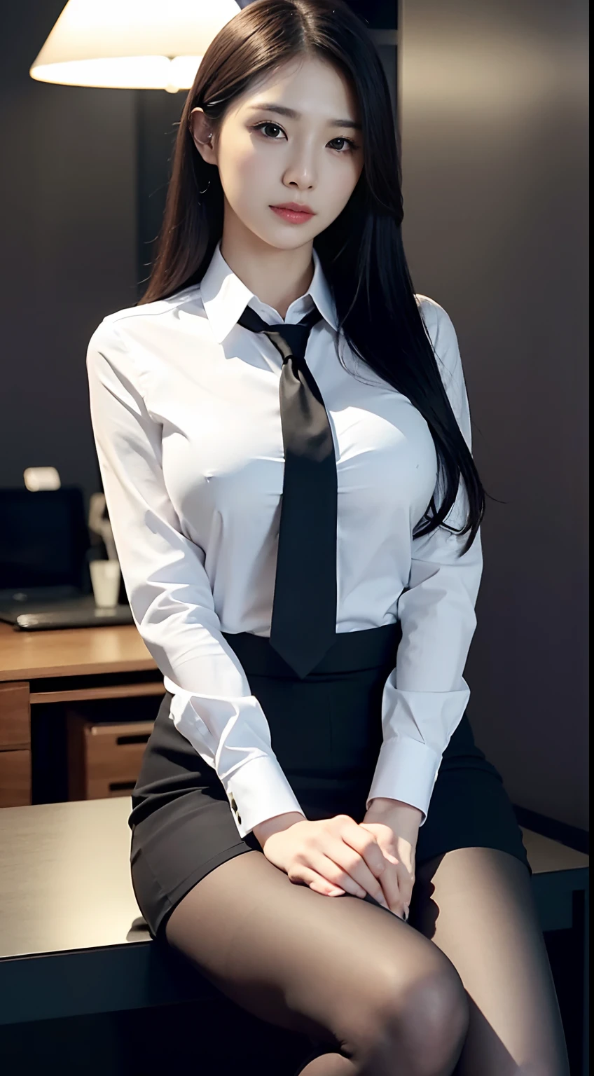 Classy upper-class elite secretary in business shirt, Working in the office、Wearing a strict business suit, Wearing pantyhose、Wear high-end high heels、 Girl in a shirt, Wearing a business suit, Wearing a business suit, in a business suit, businesswoman, business clothes, wearing black business suit, Wear a shirt and skirt, Woman in business suit, Business attire, business outfit, Raw photo, (8K、top-quality、masterpiece:1.2)、(intricate detailes:1.4)、(Photorealsitic:1.4)、octane renderings、Complex 3D rendering ultra detail, Studio Soft Light, Rim Lights, vibrant detail, super detailing, realistic skin textures, Detail Face, Beautiful detail eyes, Very detailed CG Unity 16k wallpaper, make - up, (detailedbackground:1.2), Exposed thighs!!!,