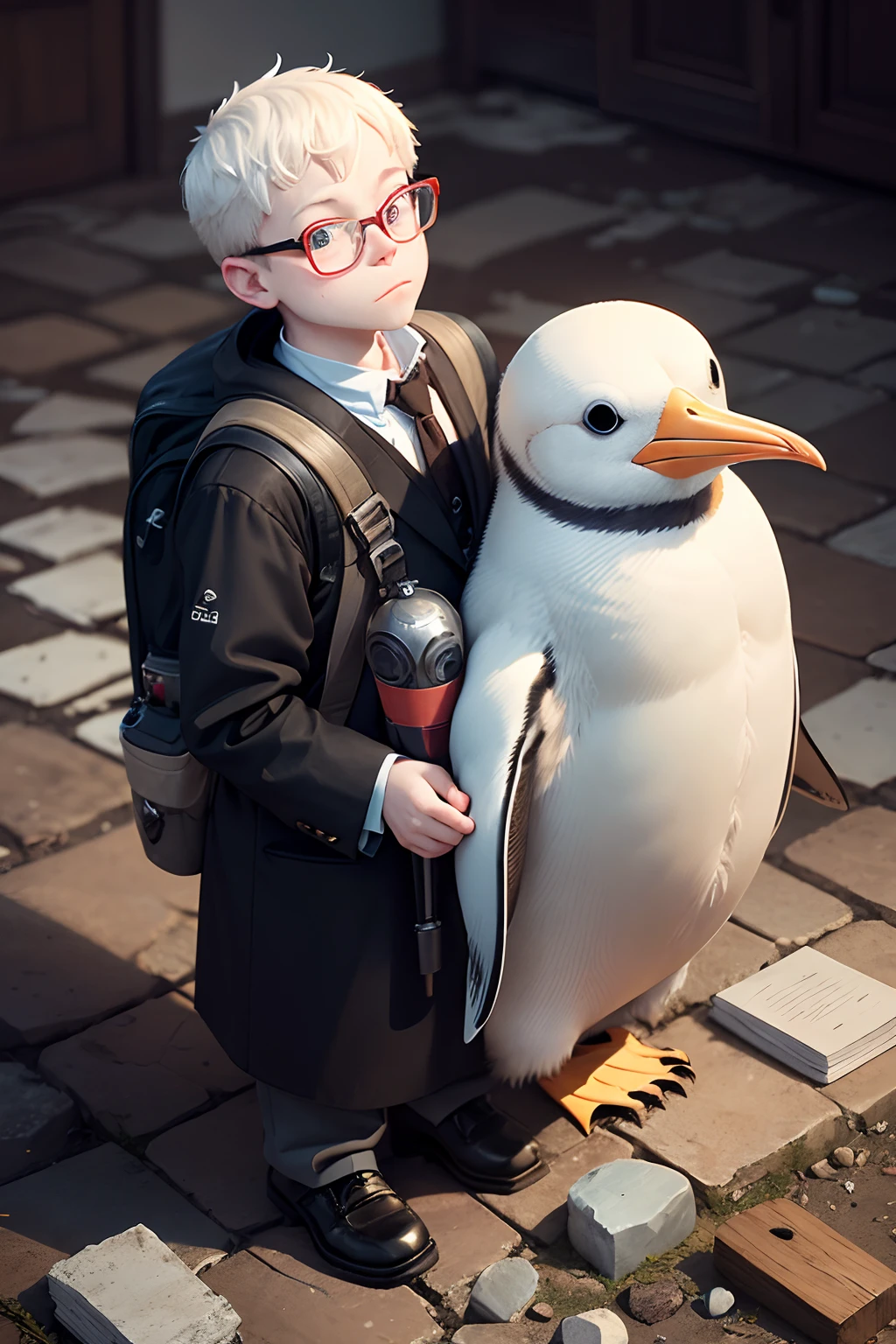 Albino Penguin with a large backpack on his back, he has red eyes and prescription glasses on his face. He has a confident pose with his penguin wings resting on his waist, his height is short but he appears to be an adult penguin. On the floor near him there are several objects such as colored taps and stones glued together, along with gears and broken wood.