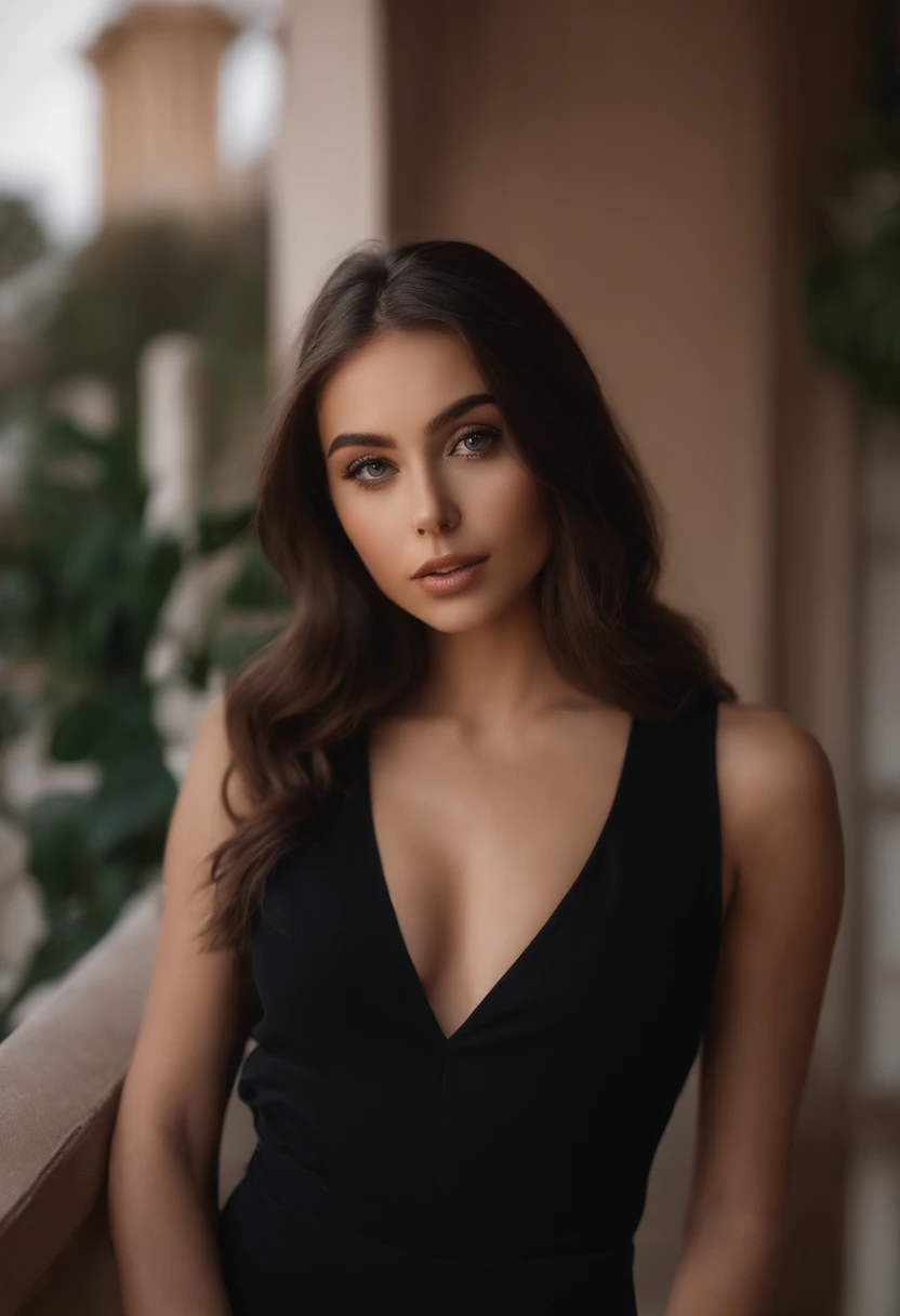 arafed woman with black clothes, sexy girl with brown eyes, portrait sophie mudd, brown hair and large eyes, selfie of a young woman, bedroom eyes, violet myers, without makeup, natural makeup, looking directly at the camera, face with artgram, subtle makeup, stunning full body shot, on a balcony having mountains behind her, cleavage