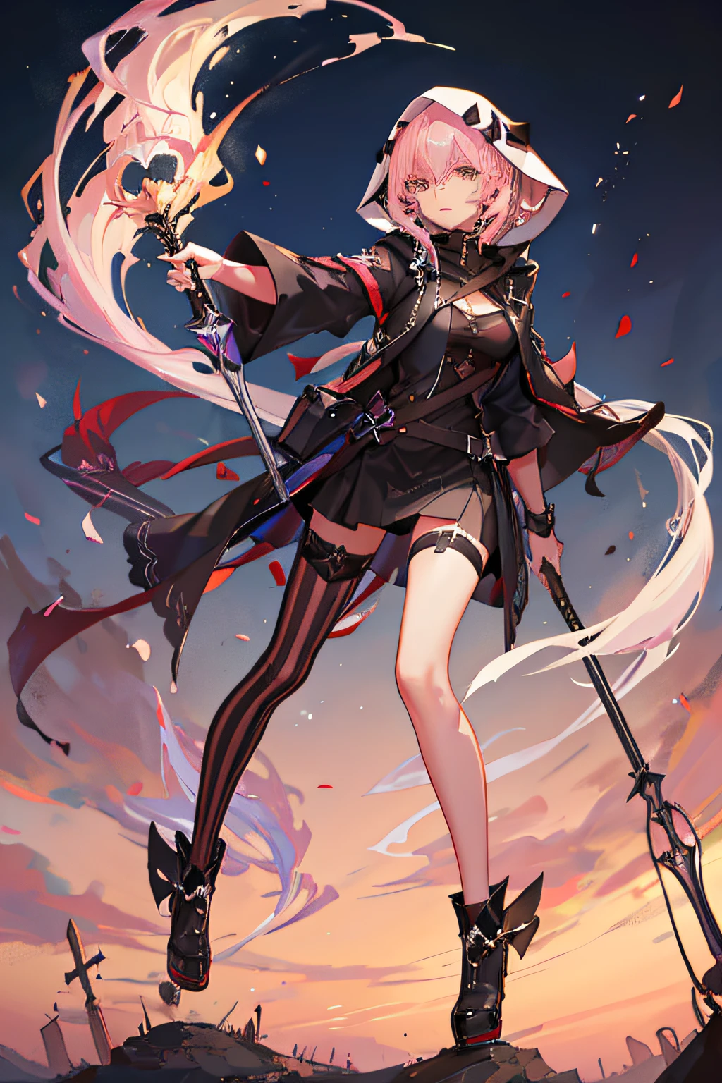 Female Grim Reaper protecting cute hooded girl shrouded in dark mist,Wielding a scythe,Emerge from the swirling shadows.Stand in the Cemetery of Forgotten Souls.(Light brown and light pink striped hair:1.3,),Perfect face,Proper body proportion,masutepiece,Super high-quality output images,超A high resolution,Intricate details,Very delicate and beautiful hair,photographrealistic,Dreamy,Professional Lighting,realistic shadow,Solo Focus,Beautiful hands,Beautiful fingers,Detailed finger features,detailed clothes features,Detailed hair features,detailed facial features,