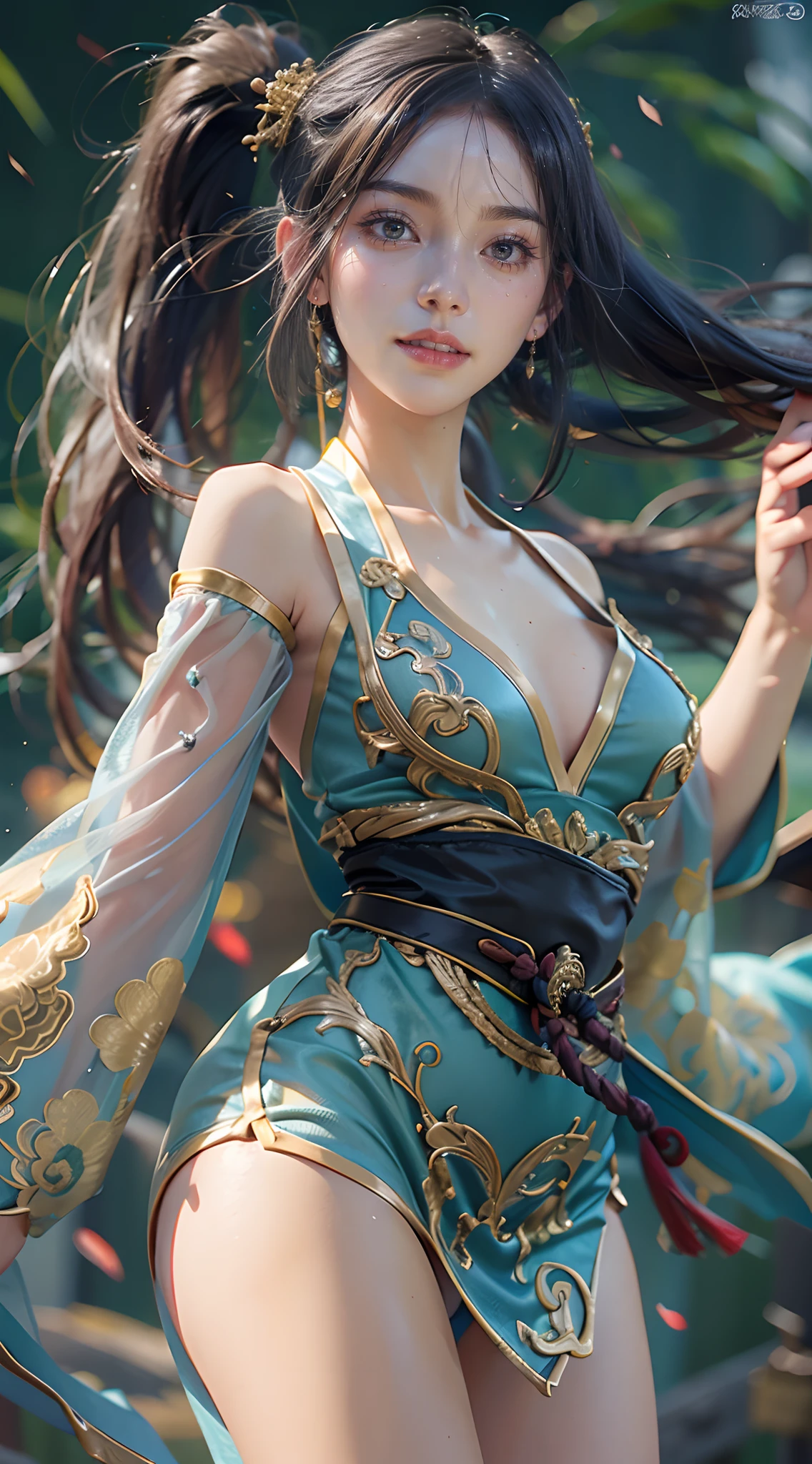 (The FW), 1womanl, Solo, 24 year old, 7headed body, (cute face), (Ideal ratio body proportions), long , Magic Effects, Fantasia, Toned belly, Fighting, ((Kungfu)), ((mini chinese dress)), panties focus, Sexy body, heavy wind, The costume is sheer, Wet, Smiling smile, short-hair, Dark hair, small tits, A slender, Small buttocks, beauty legs, Skinny Legs, surrealism, Cinematic lighting, depth of fields, One-person viewpoint, F/1.8, 135 mm, nffsw, masutepiece, ccurate, ((Anatomically correct)), Textured skin, Super Detail, high details, High quality, awardwinning, Best Quality, hight resolution, 8K