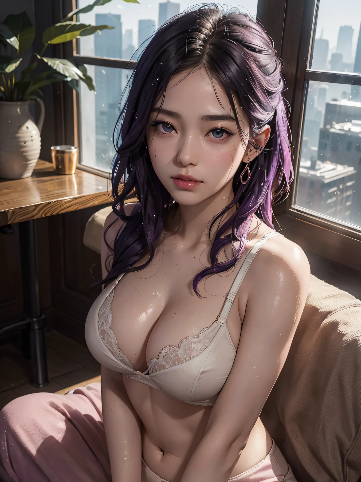 SeaArt Bot ,Upscaling 、RAW Photography、top-quality、masterpiece:1.2)、(realisitic、photoRealstic:1.37)、1girl in、Nepali、25-years old、femele、(deep in the night)、sunlights、a room、Daytime cityscape seen from the window、Studio Lighting、face lights、photon maping、Radio City、Purple hair、A detailed face、detailed lips、A detailed eye、More skin、二重まぶた、(Huge round:1.3)、((Exposure))、(Bra and joggers、Nepal)、(bra)、(Wearing a bra and joggers)、((no brassiere)))、Exposed cleavage、exposed shoulder、Thigh exposure、(camel's toe)、perfectbody、shinny skin、(Body wet with sweat:1.2)、smirking face、((sitting on))、Make eye contact with the camera、Lens blur for background camera、depth of fields、35 m、ultra-detailliert、ultra-quality、flawless、Anime tattoo on right hand、((Vintage style photography,((NSFW 1:0))