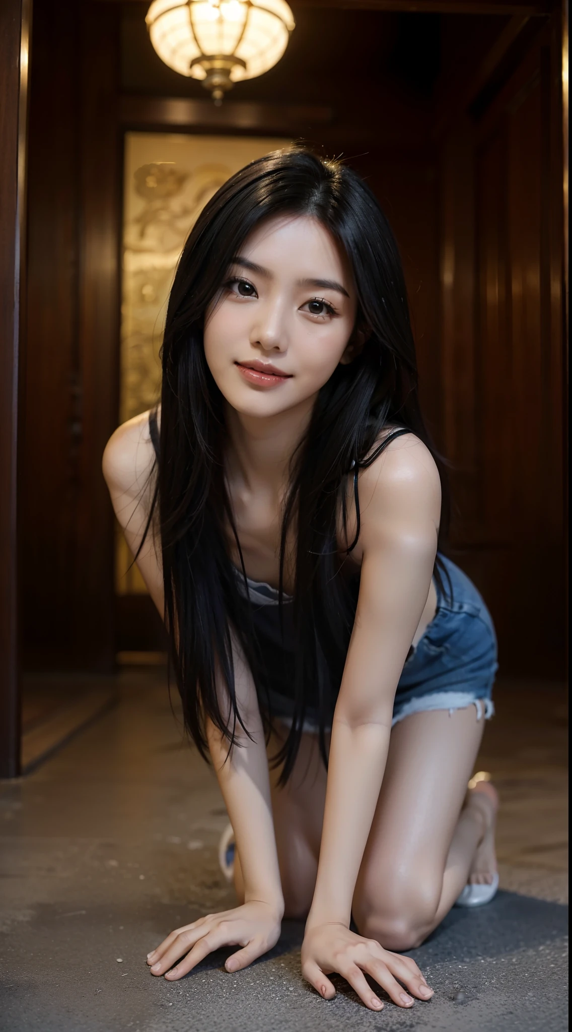 in a temple，There is a beauty that catches the eye。She has a slim figure，Wear loose clothes to look more elegant。In terms of appearance，She has long black and shiny hair，The skin is as fair as jade，The facial features are delicate and picturesque，Especially those big bright eyes，It seems to be able to see through people's hearts。She often has a smile on her lips，Exudes charming confidence and charm，Best quality，kneels on the ground，Face to face audience，had his hands folded。