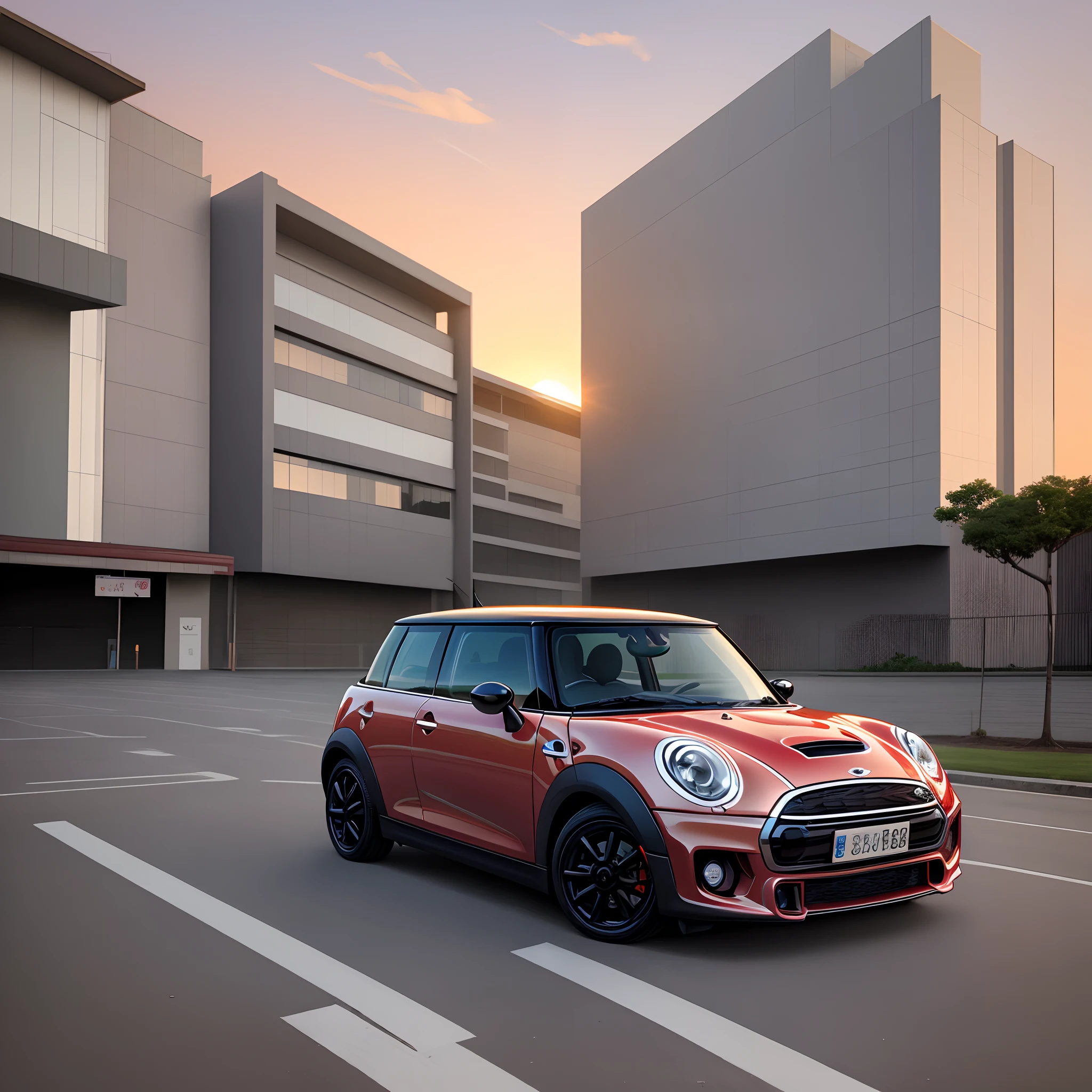 Under a beautiful sunset sky、One red-Japan modern mini car parked in park parking lot