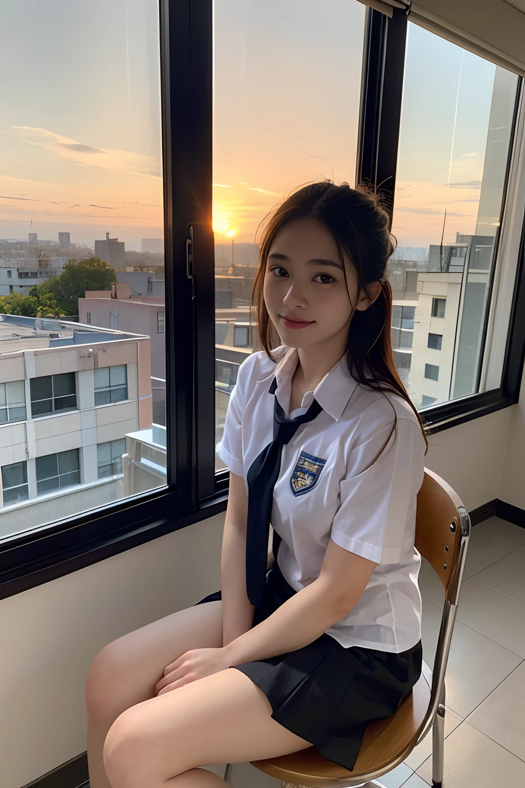 1girl em、Japoneses、 (sozinho)、(tiro de peito para cima)、Estudante de 18 anos、(Sitting in a school chair by the window)、She's looking at it、Sunset hits、(Menina super bonita:1.5)、(Um rosto detalhado)、pele texturizada、Rosto adulto、pernas nuas、brown hair、(Uniforme escolar)、middle school、Sala Crass、Carteiras e Cadeiras Escolares、The windows are full of residential areas and sunsets.