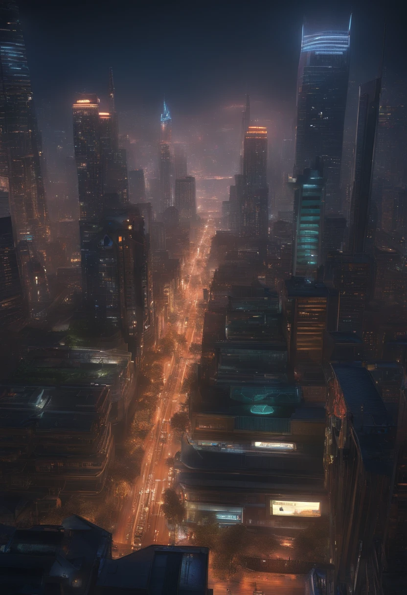 cyberpunkcity、Bird view、nighttime scene