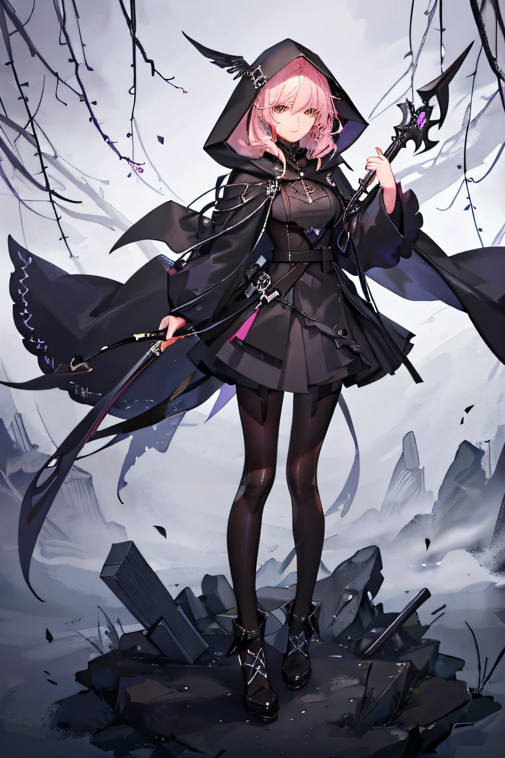 Female Grim Reaper protecting cute hooded girl shrouded in dark mist,Wielding a scythe,Emerge from the swirling shadows.Stand in the Cemetery of Forgotten Souls.(Light brown and light pink striped hair:1.3,),Perfect face,Proper body proportion,masutepiece,Super high-quality output images,超A high resolution,Intricate details,Very delicate and beautiful hair,photographrealistic,Dreamy,Professional Lighting,realistic shadow,Solo Focus,Beautiful hands,Beautiful fingers,Detailed finger features,detailed clothes features,Detailed hair features,detailed facial features,