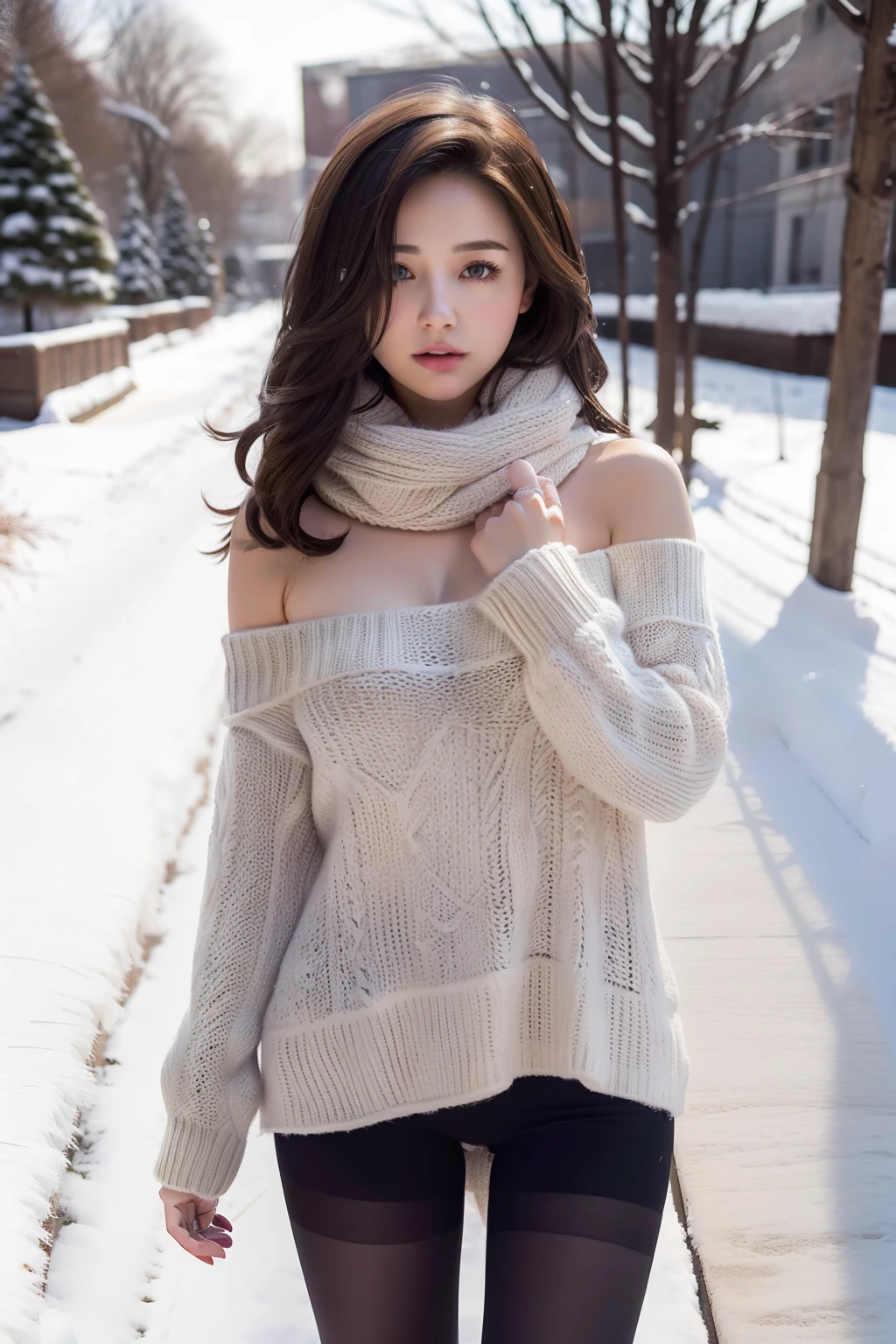 Winters，Snowy landscape，Beautiful teenage girl，lacepantyhose，random color，Long sweater，scarf，depth of fields，Real Light，Ray traching，OC Renderer，UE5 Renderer，Hyper-realistic，best qualtiy，8K，Works of masters，super-fine，Detailed pubic hair，Correct anatomy、Dark hair、bare shoulders​