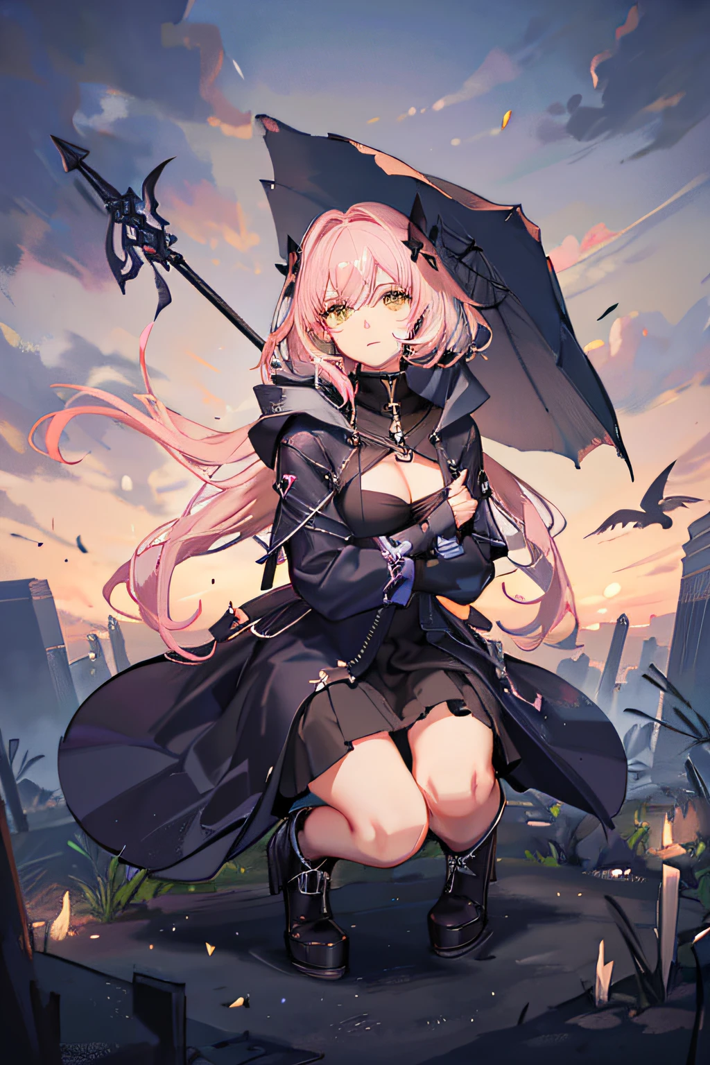 Female Grim Reaper protecting cute hooded girl shrouded in dark mist,Wielding a scythe,Emerge from the swirling shadows.Stand in the Cemetery of Forgotten Souls.(Light brown and light pink striped hair:1.3,),Perfect face,Proper body proportion,masutepiece,Super high-quality output images,超A high resolution,Intricate details,Very delicate and beautiful hair,photographrealistic,Dreamy,Professional Lighting,realistic shadow,Solo Focus,Beautiful hands,Beautiful fingers,Detailed finger features,detailed clothes features,Detailed hair features,detailed facial features,