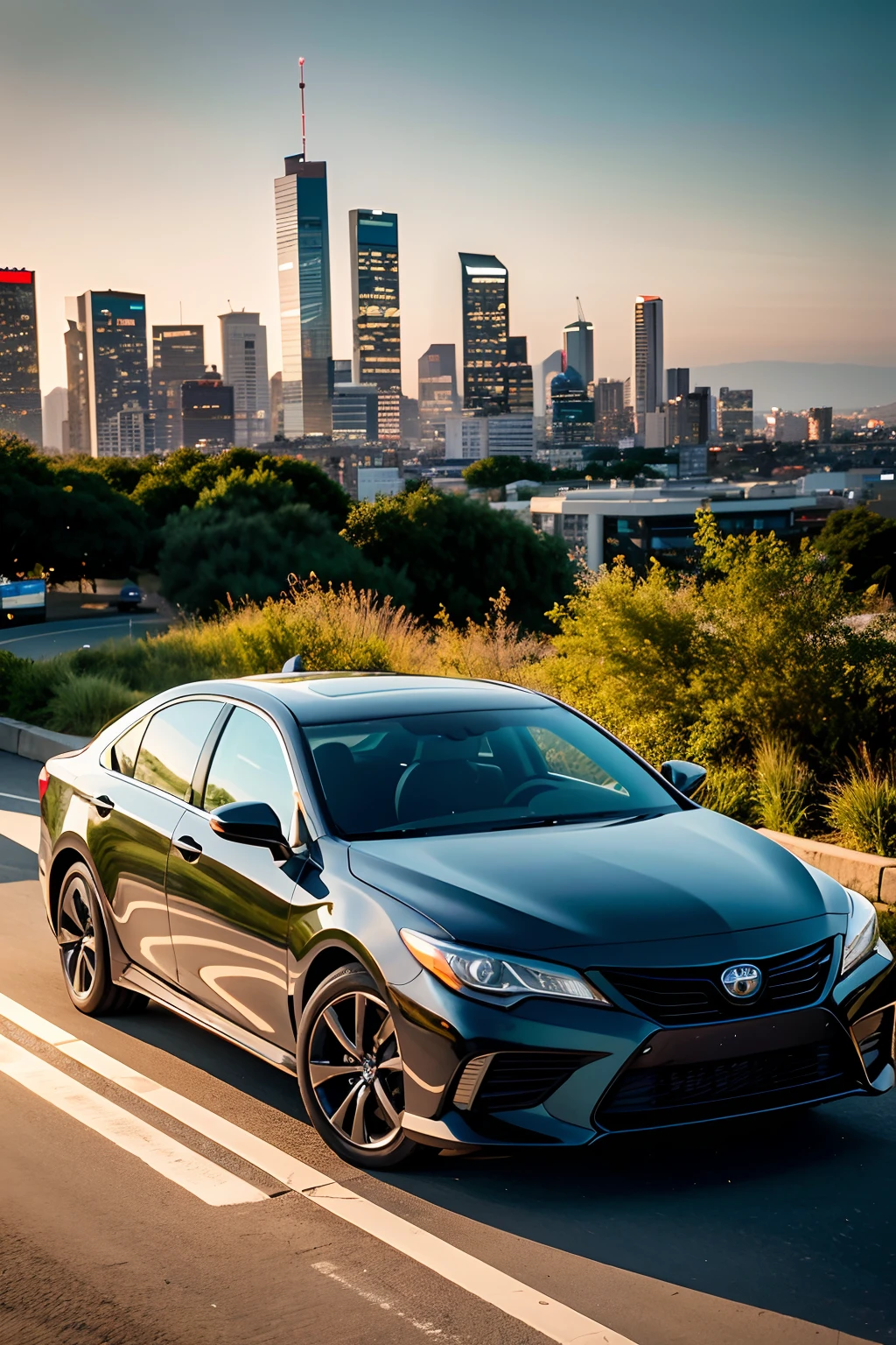 High definition picture quality, 8k photo, intricate details: 1.2, cinematic lighting, black Toyota Camry, city vibes --q 1, DSLR --v 6