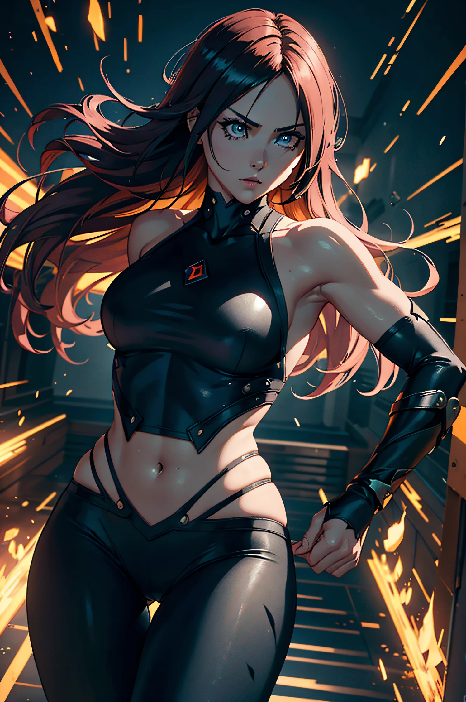 A superheroine wearing skimpy outfit, sleeveless, long hair, flying, wielding daggers, no cape, no mask, dynamic pose, 3d, (8k), detailed texture,(hyperdetailed), (photo realistic), cinematic light, cinematic action, highly detailed, realistic, Isometric, full body, in frame, driven expression, dark theme, (extremely detailed eyes), detailed symmetric realistic face, extremely detailed natural texture, masterpiece, extremely detailed, amazing, fine detail, rich colors, hyper realistic lifelike texture, dramatic lighting, unreal engine, trending on art station, photo realistic, RAW photo, high quality, high res, sharp focus, extremely detailed, cinematic lighting, 8k, high definition, cinematic, neoprene, unreal engine 5, ultra sharp focus