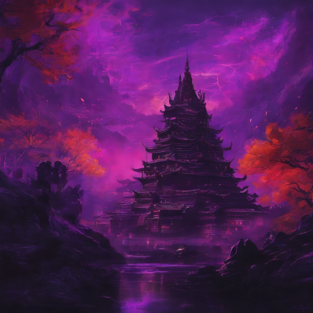 In heavy rain，（（A huge castle complex of ancient square-topped stones burning in the fire））The picture quality is excellent，Lightning，Yellow light fog，电影灯光，Natural, realistic colors，Full composition，The style refers to Van Gogh，Subject content，Burning wooden ancient domed stone giant castle game scene 1：60 miniatures，Lightning and lightning，Agate glass texture 32K（tmasterpiece，k hd，hyper HD，32K）Long flowing bright purple hair，Autumn Pond，zydink， a color， Asian people （Kizi）， （Red scarf）， Combat posture， looking at the ground， long whitr hair， Floating bright purple， Fire cloud pattern gold tiara， Chinese long-sleeved gold silk garment， （abstract ink splash：1.2）， white backgrounid，Lotus protector（realisticlying：1.4），Bright purple hair，Smoke on the road，The background is pure， A high resolution， the detail， RAW photogr， Sharp Re， Nikon D850 Film Stock Photo by Jefferies Lee 4 Kodak Portra 400 Camera F1.6 shots, Rich colors, ultra-realistic vivid textures, Dramatic lighting, Unreal Engine Art Station Trend, cinestir 800，Long flowing bright purple hair