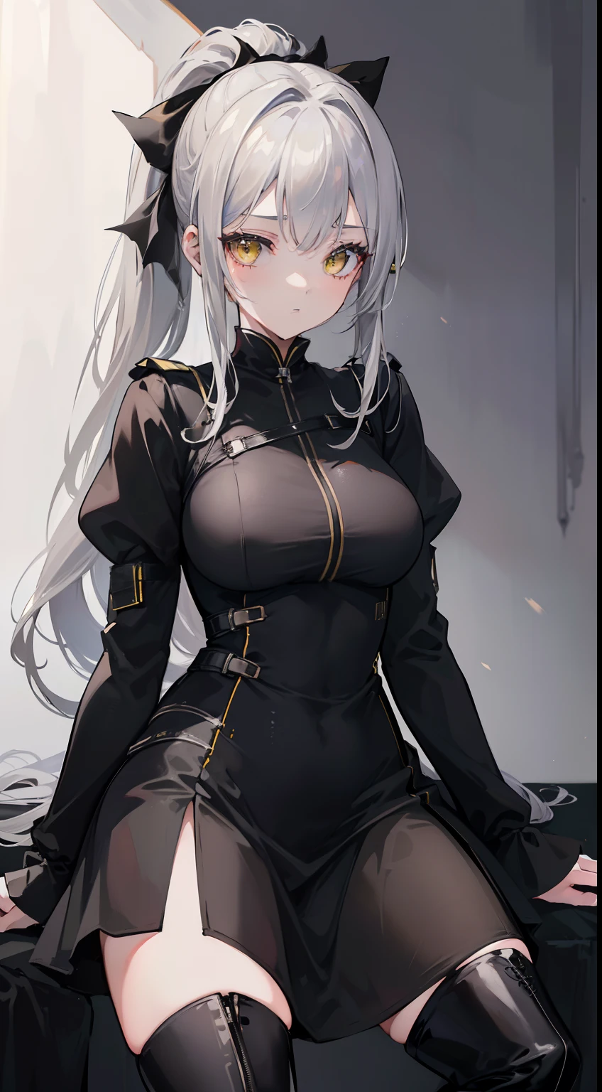 (top-quality、masterpiece、high-level image quality、Super delicate)、a beauty girl、smooth ash gray hair、(Loose ponytail tied with a black ribbon)、Gorgeous yellow eyes、large full breasts、((Sexy dress in black military uniform、Black Thigh Boots))、(Vertical zipper at chest)、top grade、(Estrus look)、Brainwashed、Darkness Fall
