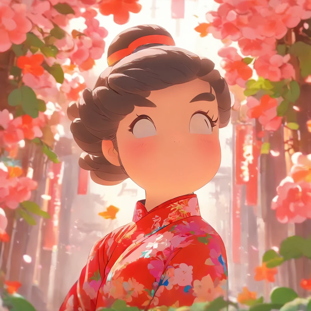 vivd colour, 16k, hyper HD, High-density imaging review 10, (tmasterpiece:1. 5), absurderes, (best qualtiy:1. 5),solid color backdrop,A ,Hold your arms,Frowning,Staring at you angrily,Pouting angrily,Floral half-sleeved cheongsam,Cute fat girl,A ball head