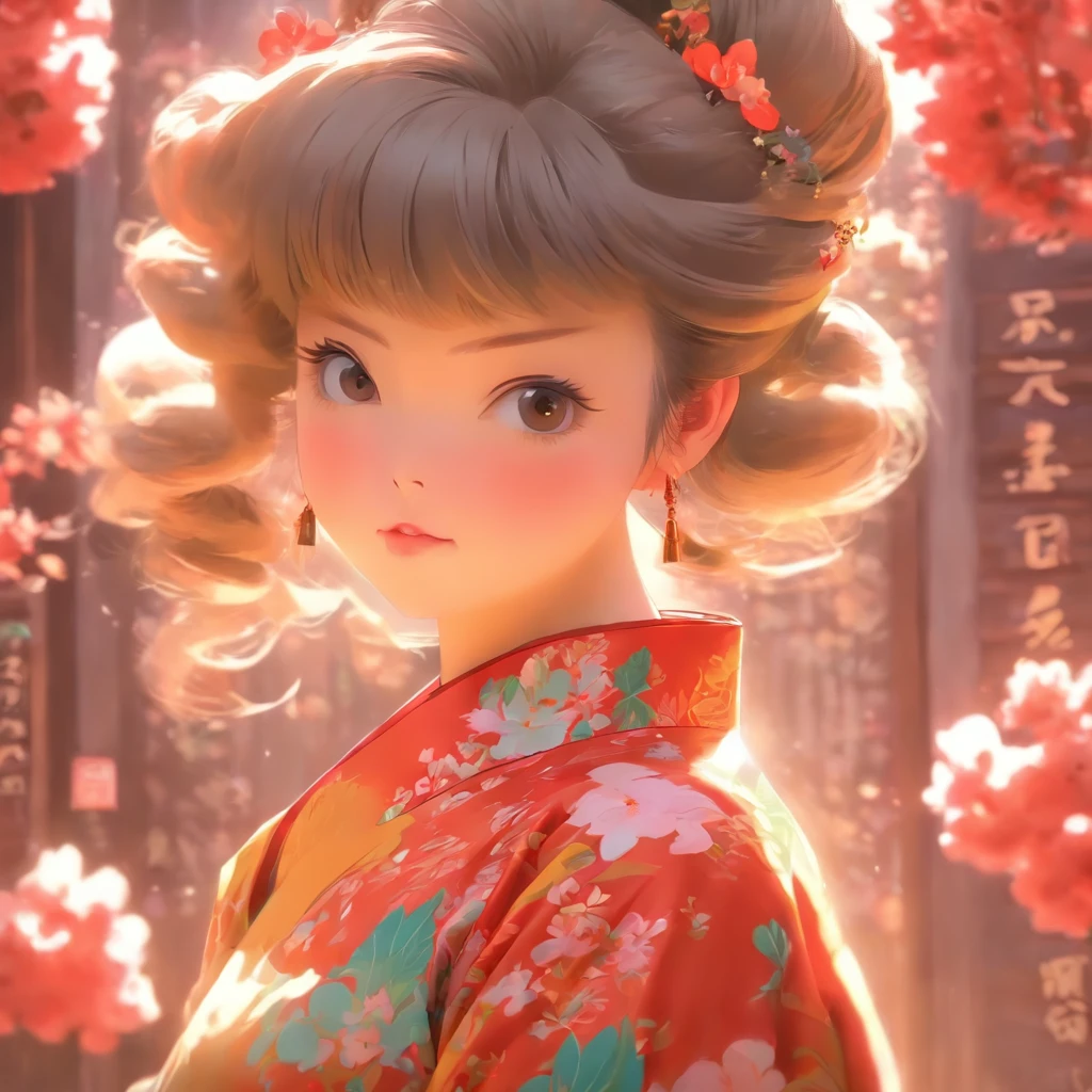 vivd colour, 16k, hyper HD, High-density imaging review 10, (tmasterpiece:1. 5), absurderes, (best qualtiy:1. 5),solid color backdrop,A girl,Hold your arms,Frowning,Staring at you angrily,Pouting angrily,Floral half-sleeved cheongsam,Cute fat girl,A ball head